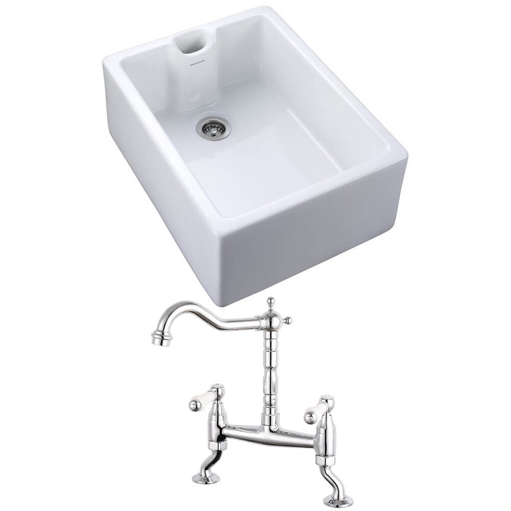 Rangemaster Classic Belfast 1 Bowl White Fireclay Ceramic Sink & Waste and Butler & Rose Carlton Traditional Kitchen Bridge Mixer - Lever Handles