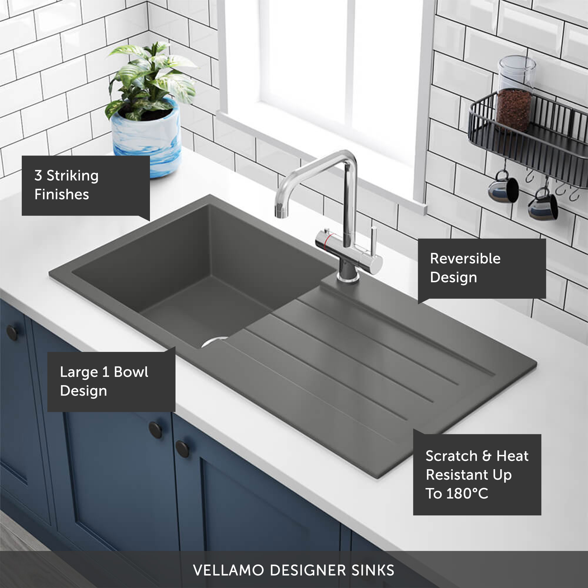 Vellamo Designer 1 Bowl Comite Composite Kitchen Sink & Waste with Reversible Drainer - 1000 x 500mm