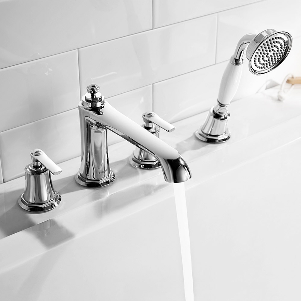 Flova Liberty 4 Hole Deck Mounted Bath Shower Mixer with Pull Out Handset - Chrome