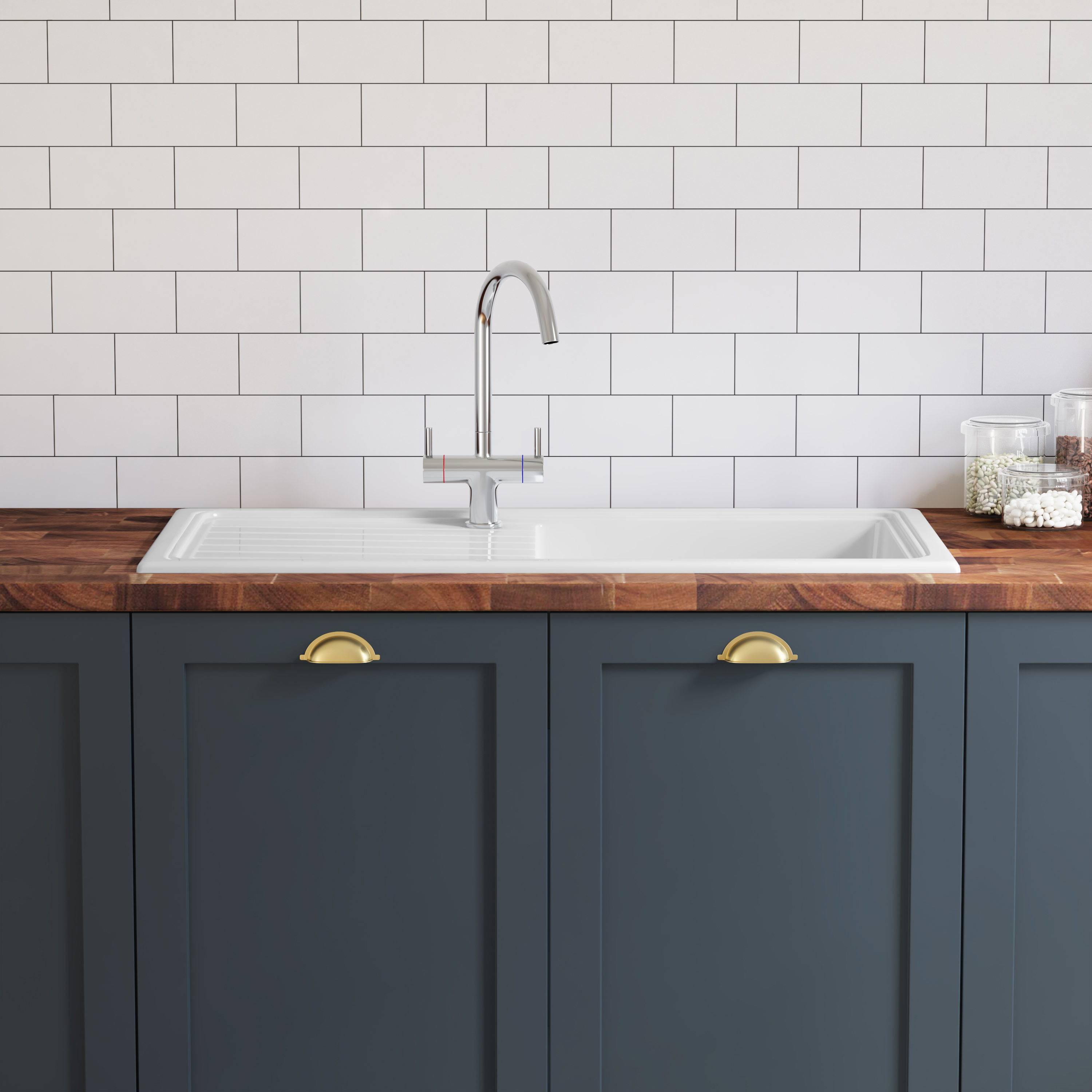Butler & Rose 1.5 Bowl Ceramic Kitchen Sink and Vellamo Caspian Dual Lever Mono Kitchen Mixer