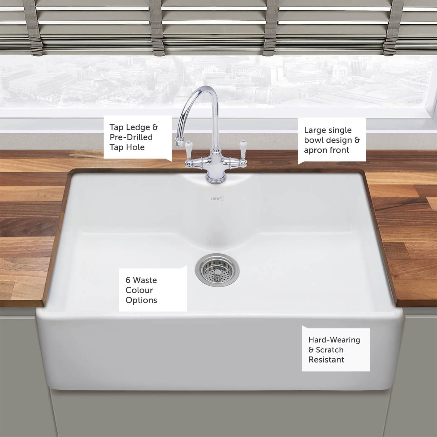 Thomas Denby Legacy Belfast 1 Bowl Gloss White Ceramic Kitchen Sink with Tap Ledge - 795 x 500mm
