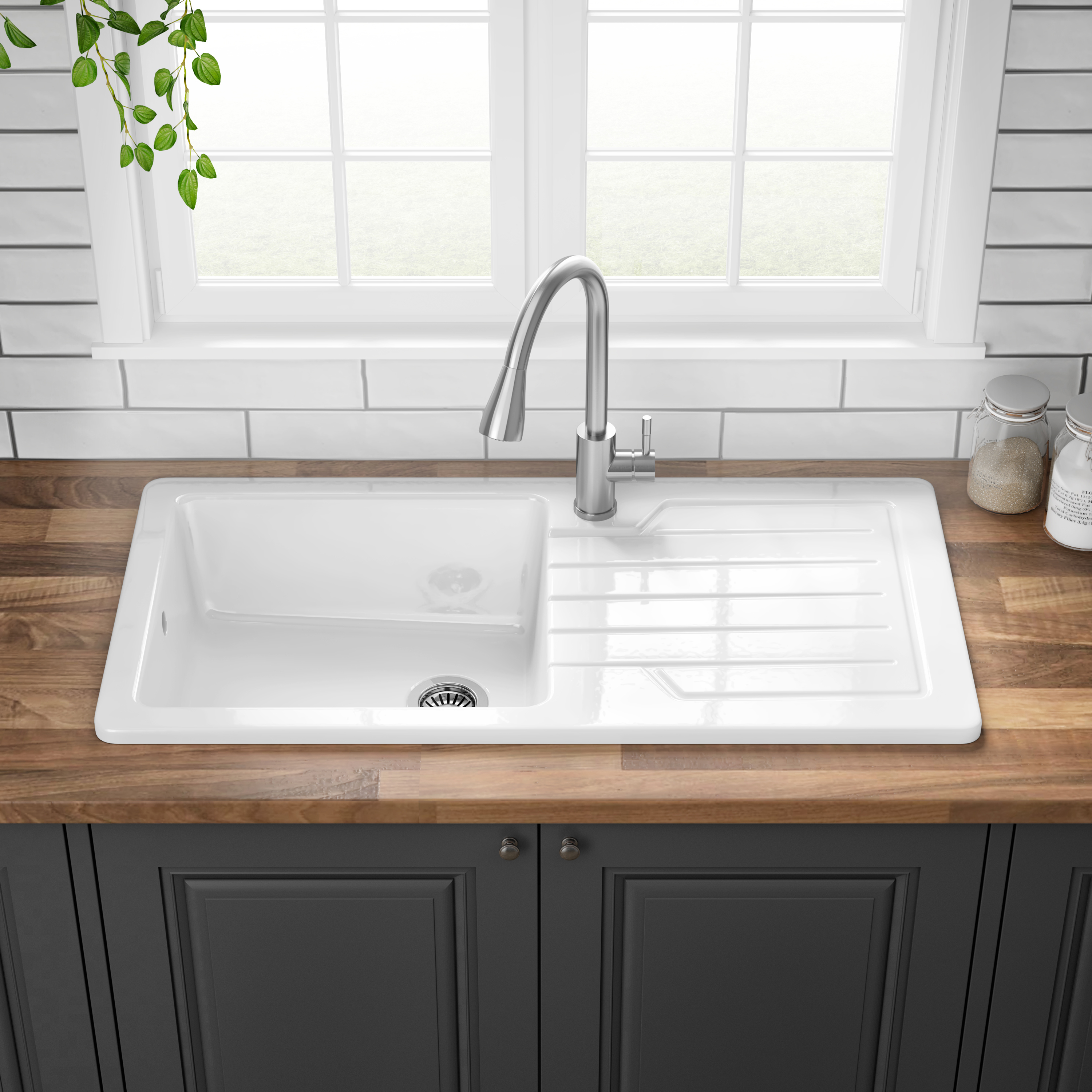 Butler & Rose Farmhouse 1 Bowl White Ceramic Kitchen Sink with Reversible Drainer - 1000 x 500mm