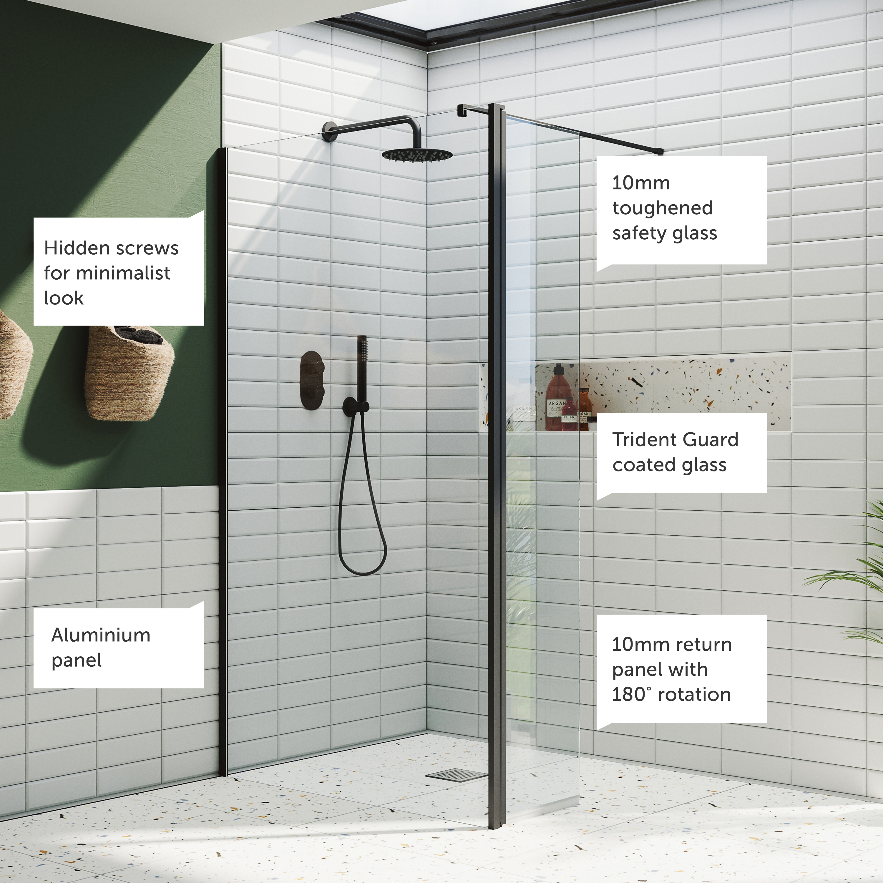 Harbour i10 10mm Easy Clean 2m Tall Wetroom Panel & Hinged Return Panel - Matt Black