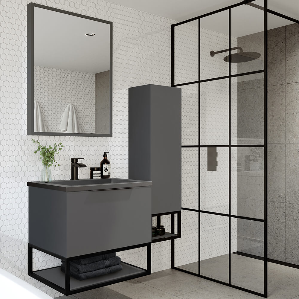Harbour Virtue 1100mm Wall Mounted Tall Storage Cabinet with Matt Black Frame Shelf