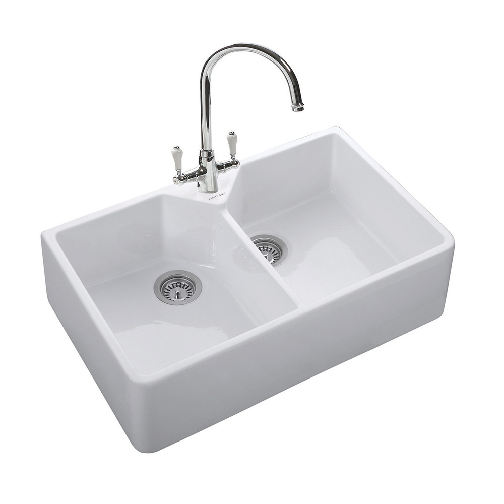 Rangemaster Double Belfast 2 Bowl White Fire Clay Ceramic Sink - 800 x 500mm