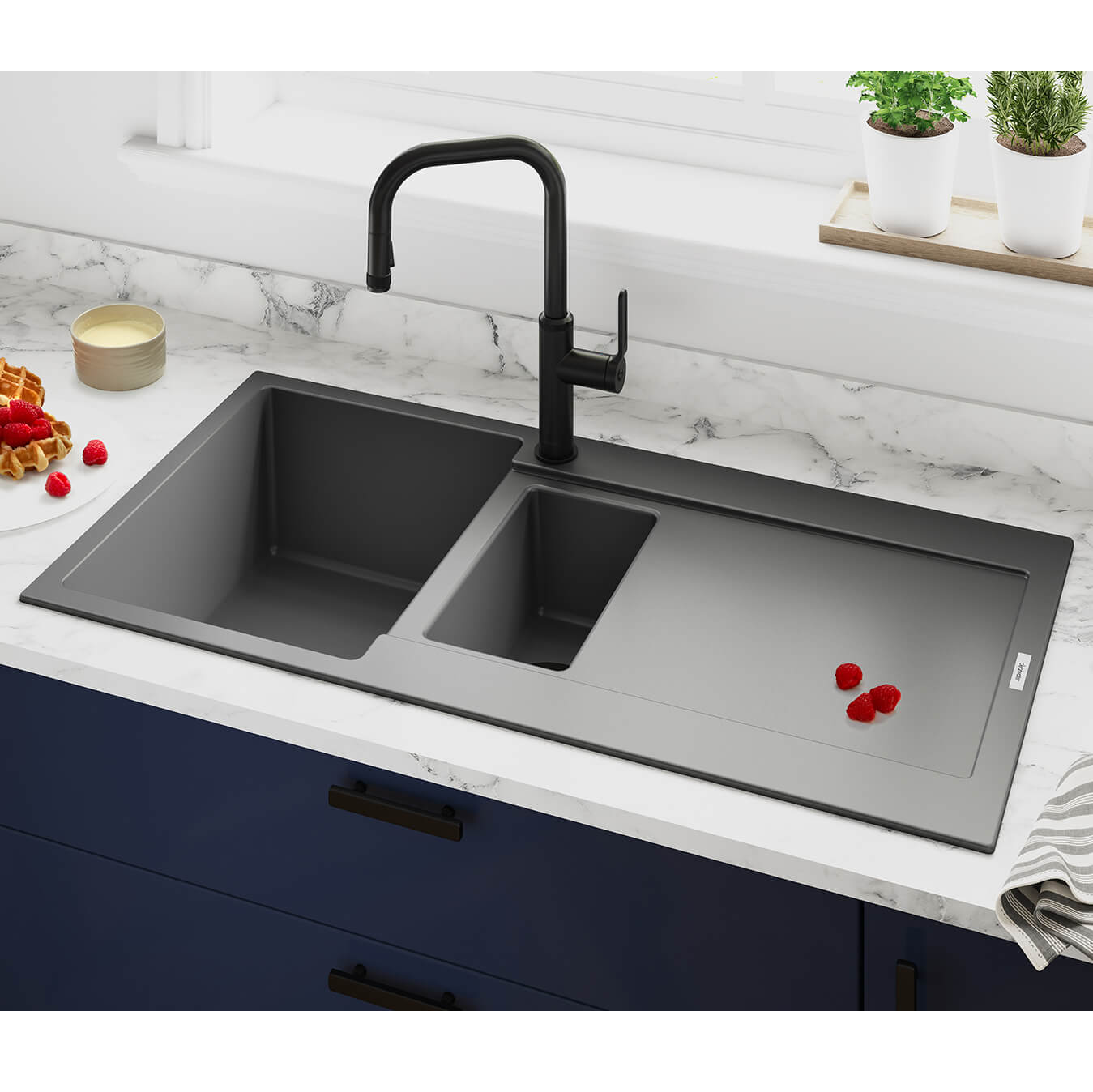 Clearwater Carina 1.5 Bowl Granite Composite Sink & Waste with Reversible Drainer - 1000 x 500mm