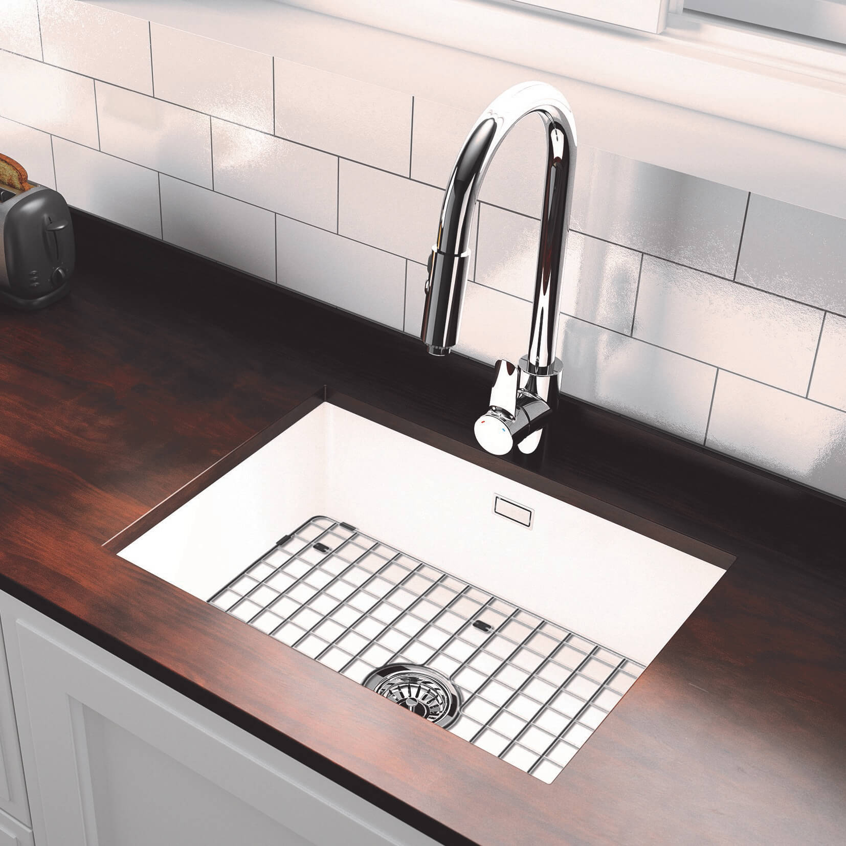 Thomas Denby Metro 1 Bowl and Half Bowl Inset or Undermount Gloss White Ceramic Kitchen Sink