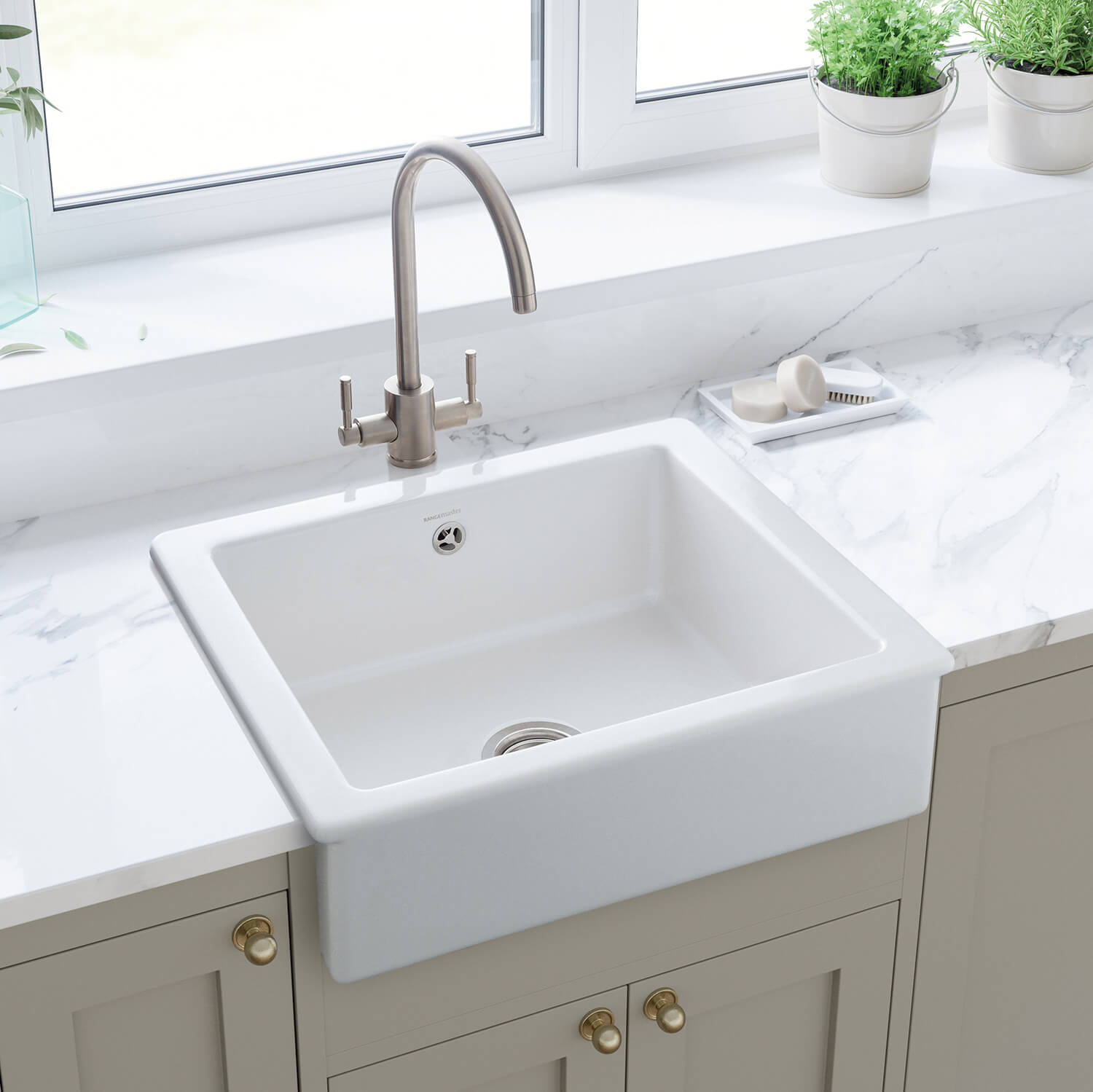Rangemaster Hartland Belfast 1 Bowl Gloss White Fireclay Ceramic Kitchen Sink & Waste - 622 x 494mm