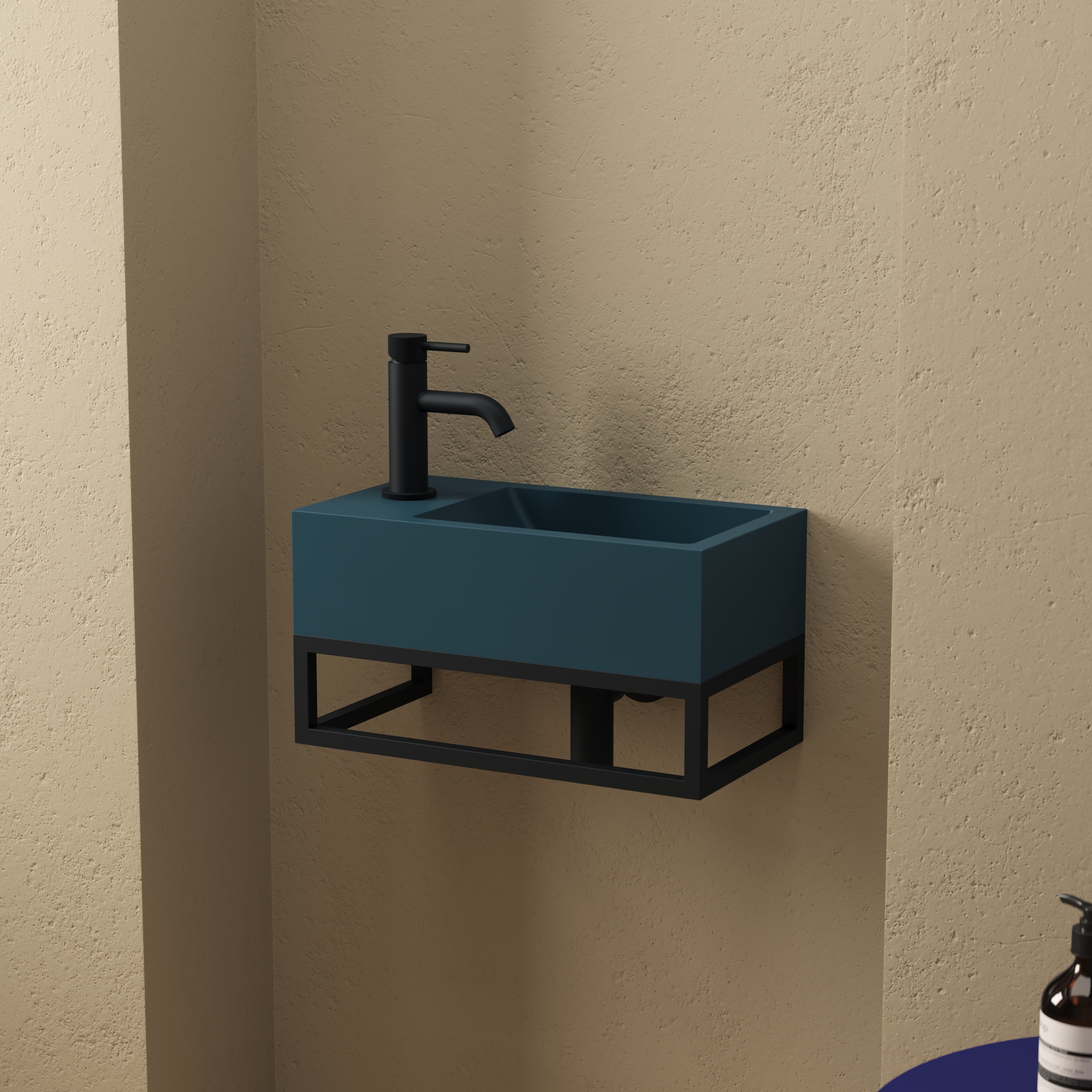 Harbour Concrete 400mm Cloakroom Wall Hung Atlantic Teal Basin & Matt Black Frame