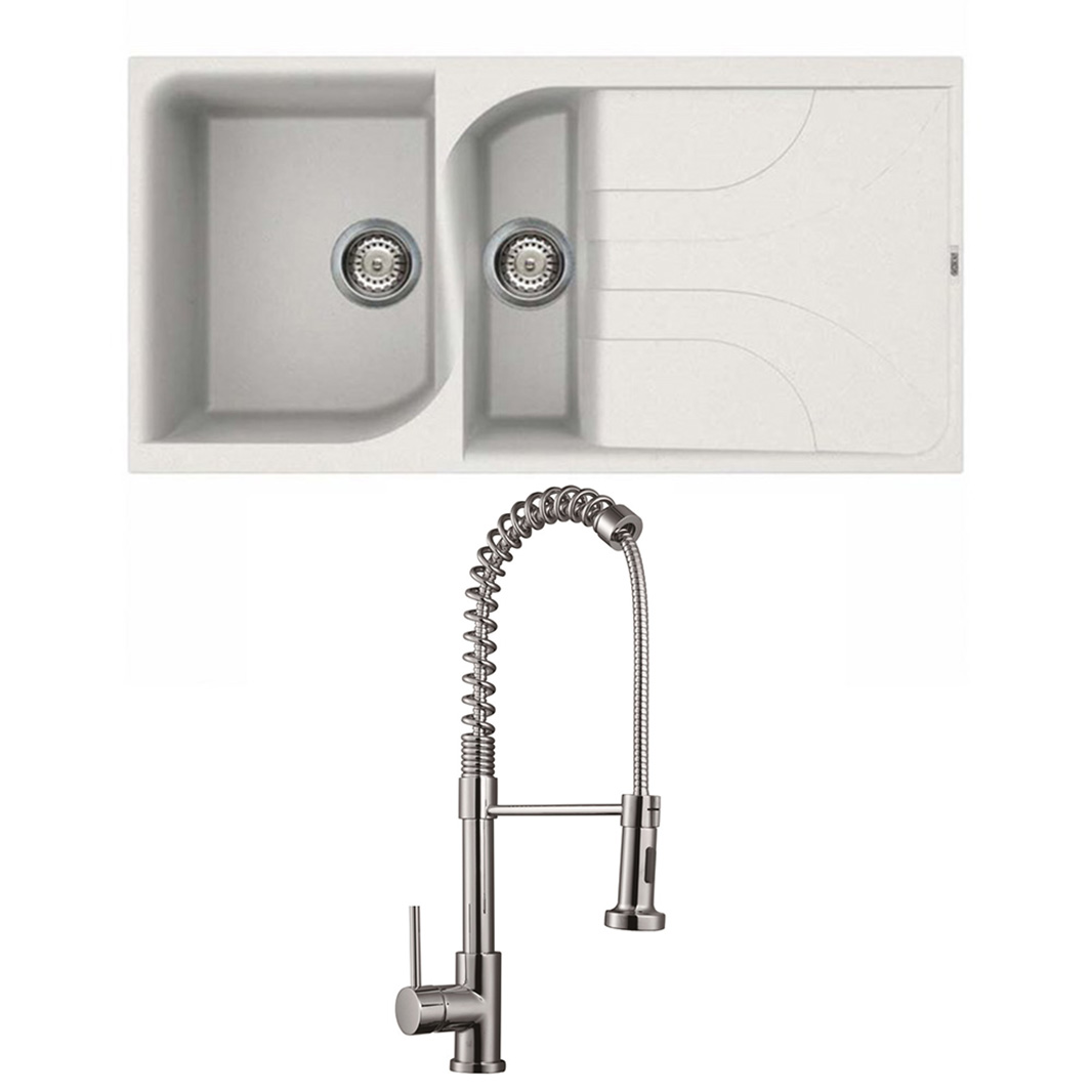 Reginox Ego White Granite Composite 1.5 Bowl Kitchen Sink & Vellamo FlexiSpray Kitchen Mixer