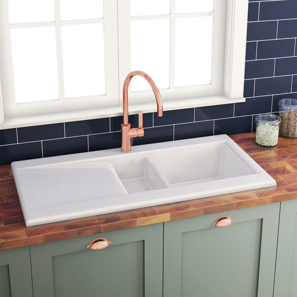 Butler & Rose Dream 1.5 Bowl White Ceramic Fireclay Kitchen Sink with Reversible Drainer & Waste Kit - 1010mm x 510mm