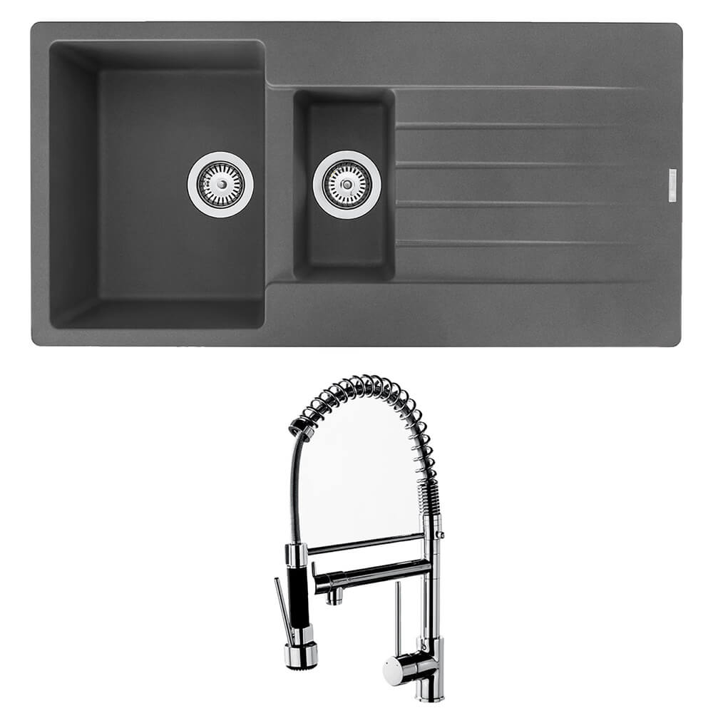 Reginox Harlem 1.5 Bowl Grey Silvery Granite Composite Sink & Waste Kit and Vellamo Hanbury Pull Out Mono Kitchen Mixer