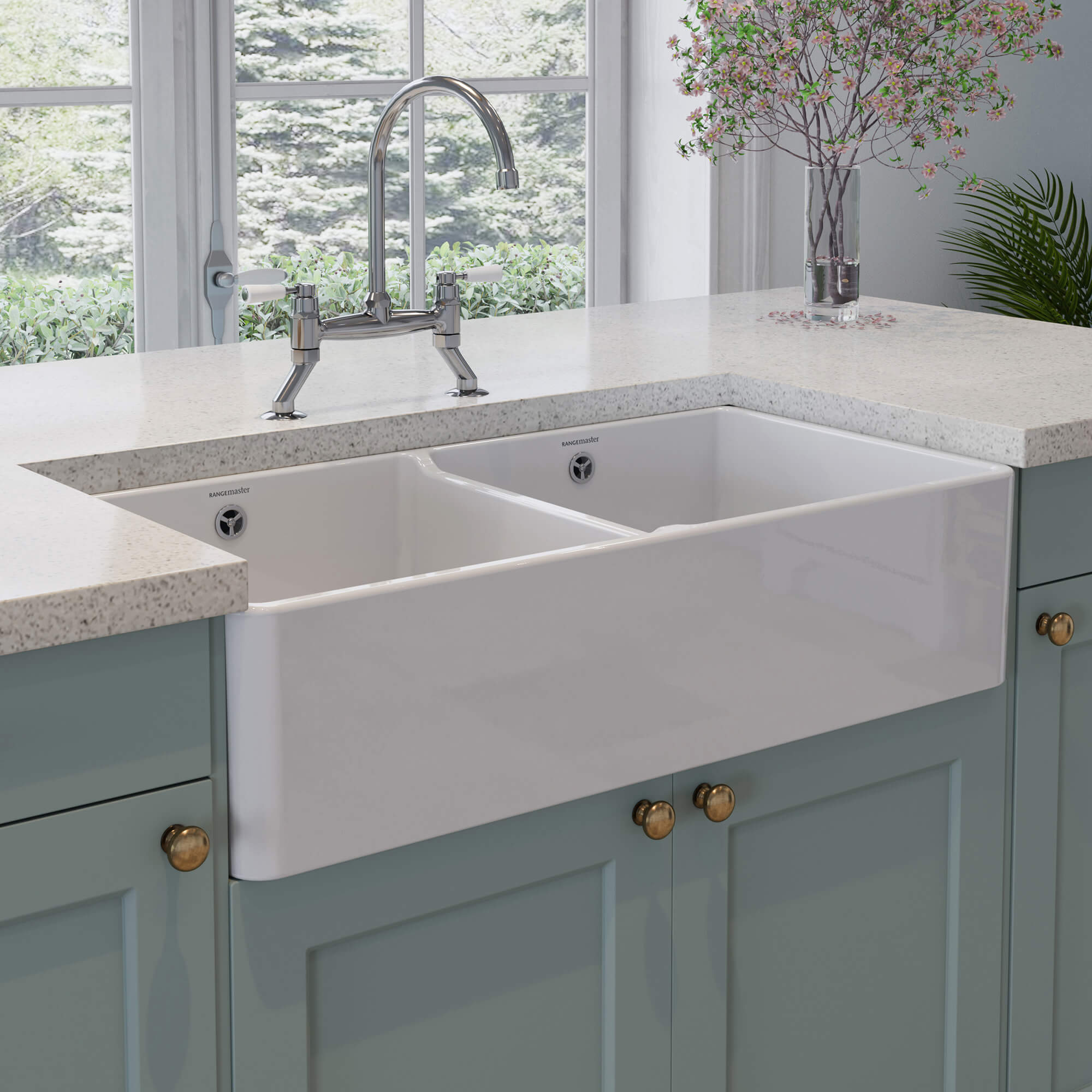 Rangemaster Double Belfast Large 2 Bowl White Ceramic Kitchen Sink & Waste Kit - 895 x 460mm