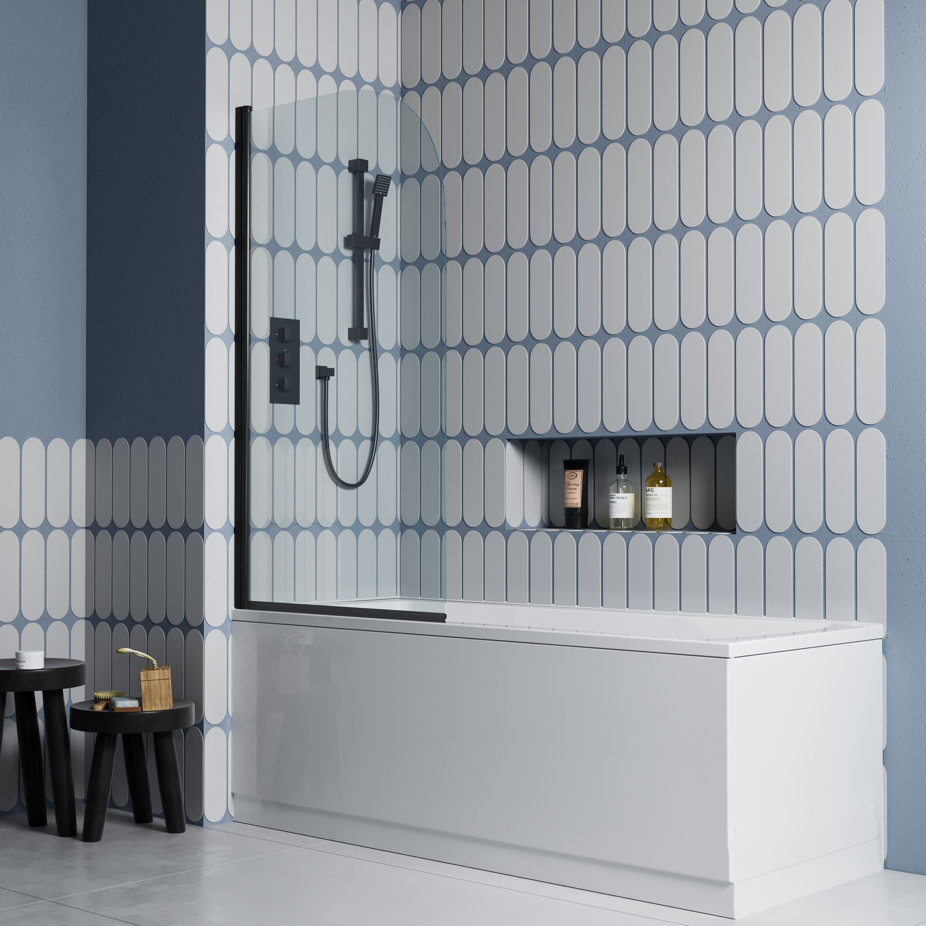 Vellamo City 6mm Matt Black Curved Corner Hinged Bath Screen - 1430 x 770mm