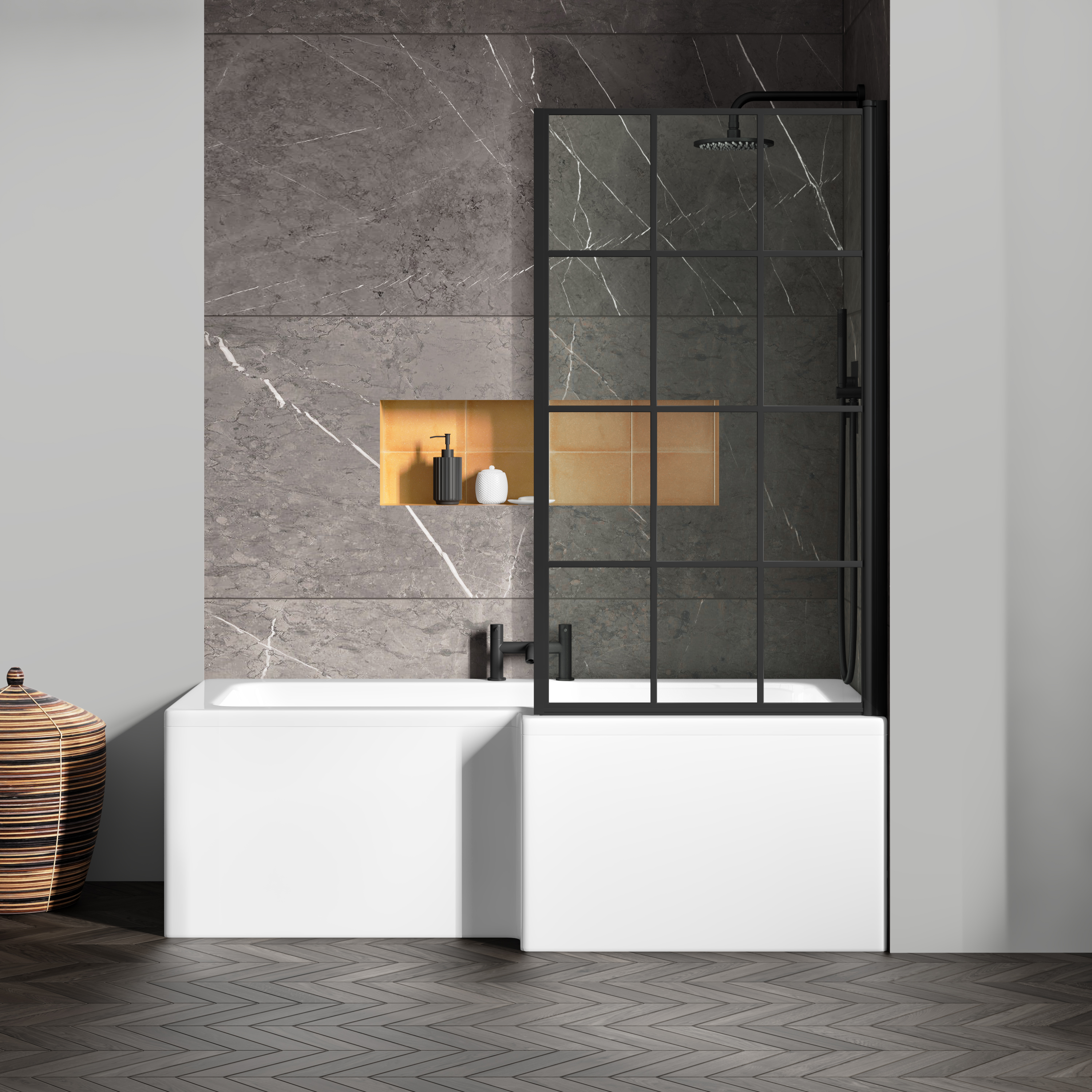 Vellamo City 6mm Matt Black Framed Hinged Bath Screen With Fixed Return - 1430 x 780mm