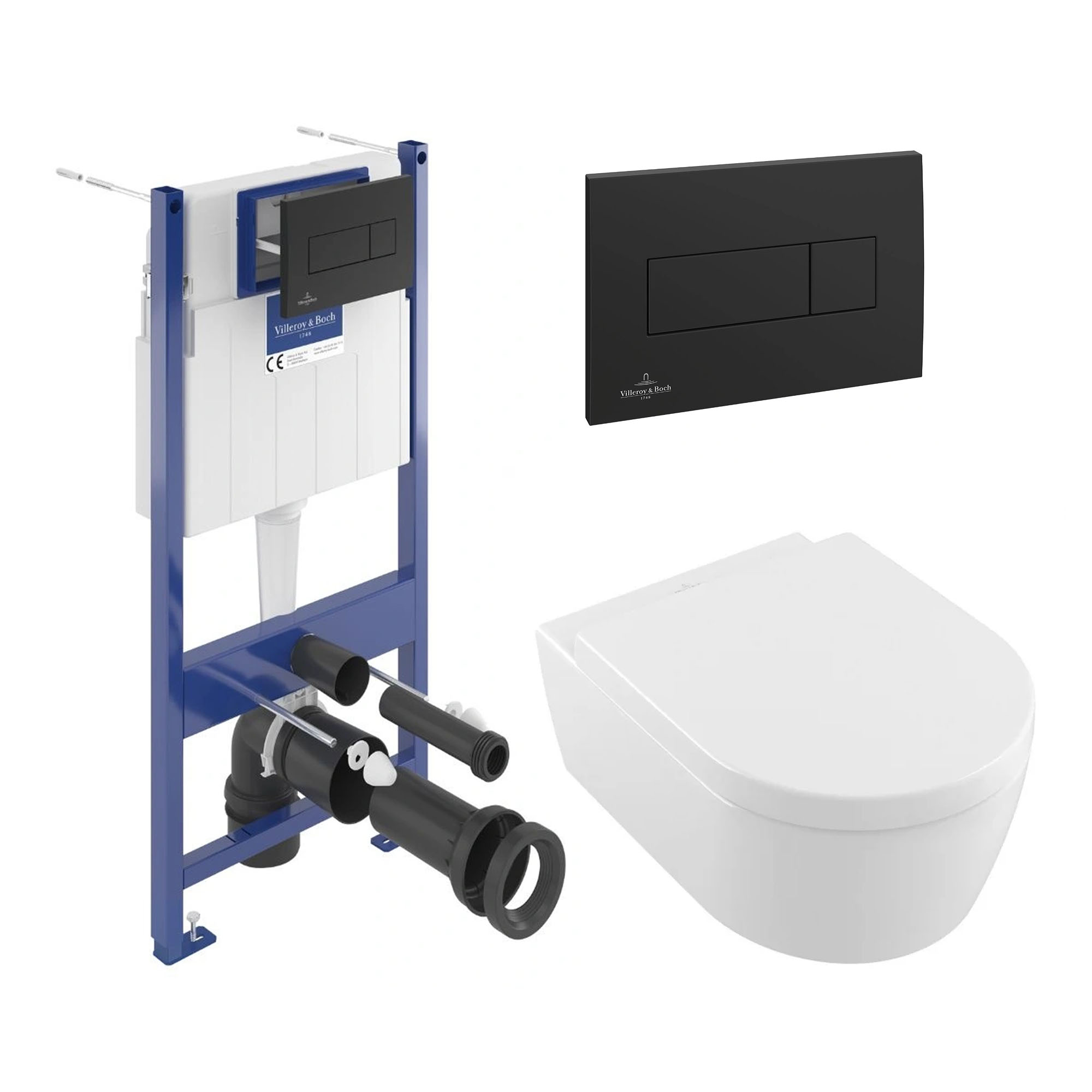 Villeroy & Boch ViConnect Pro S Frame with Arto Wall Mounted Rimless Toilet, Flush Plate & Soft Close Toilet Seat