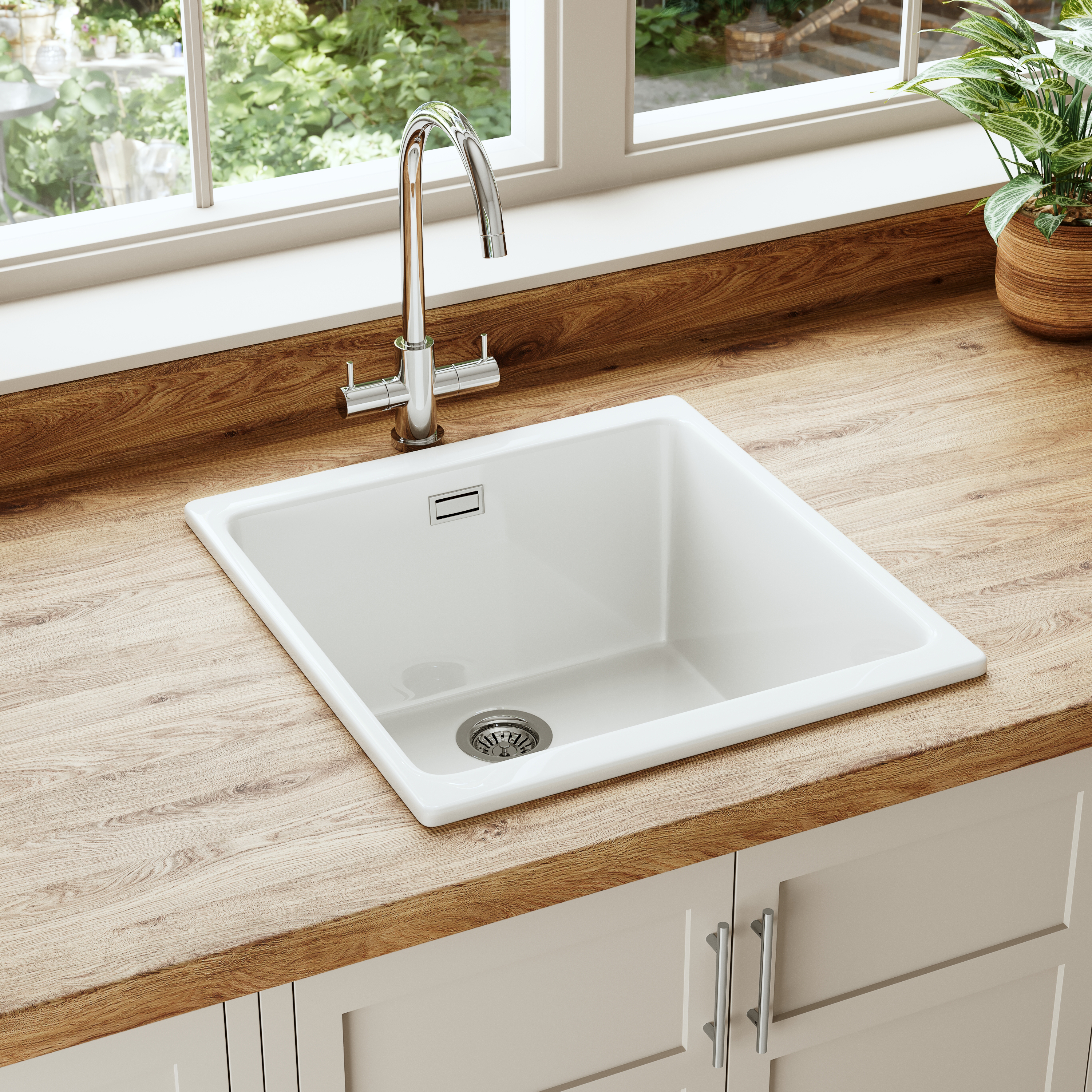 Butler & Rose Bryn 1 Bowl White Fine Fireclay Ceramic Inset/Undermount Kitchen Sink - 430mm x 460mm