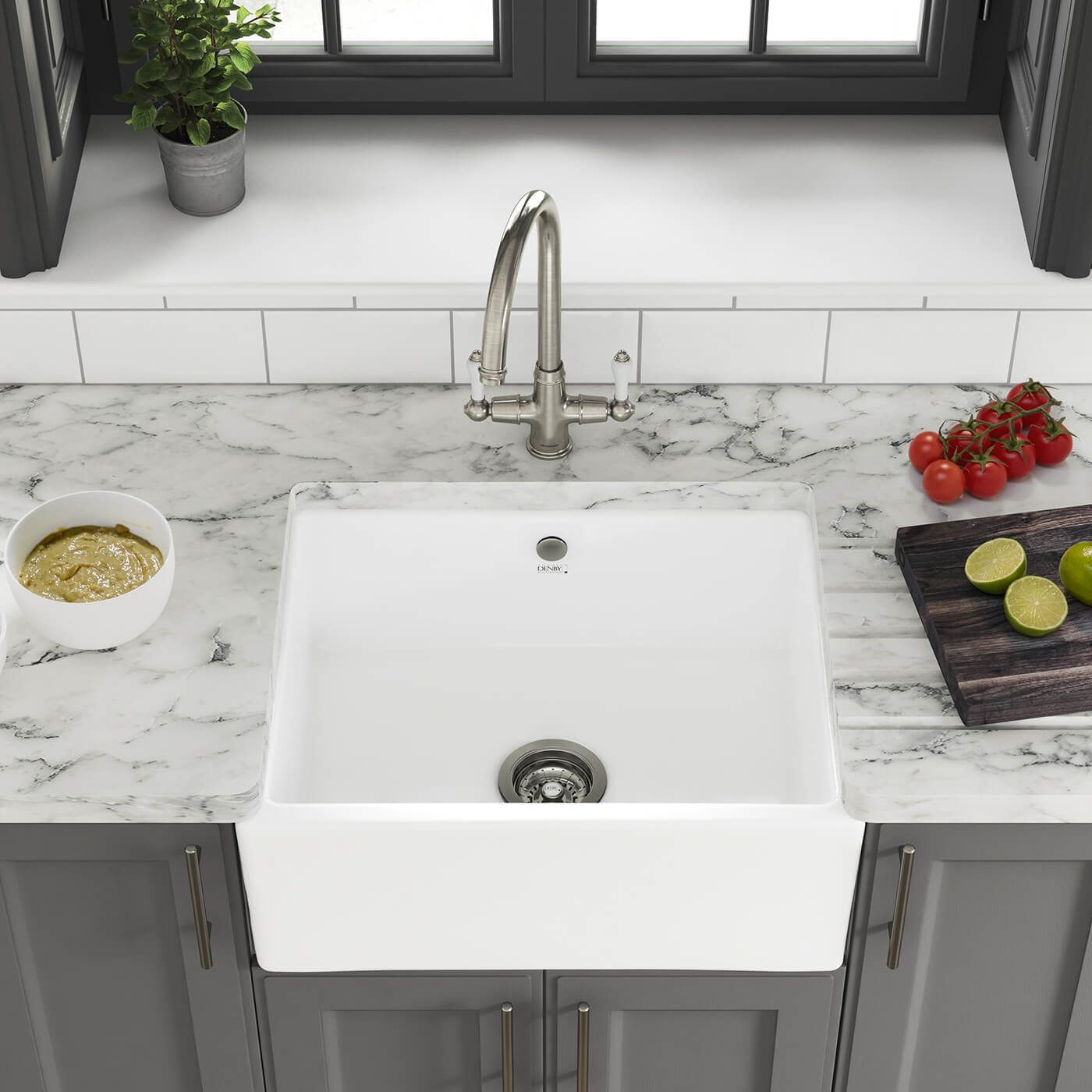 Thomas Denby Oxford Belfast 1 Bowl Gloss White Ceramic Kitchen Sink - 595 x 465mm