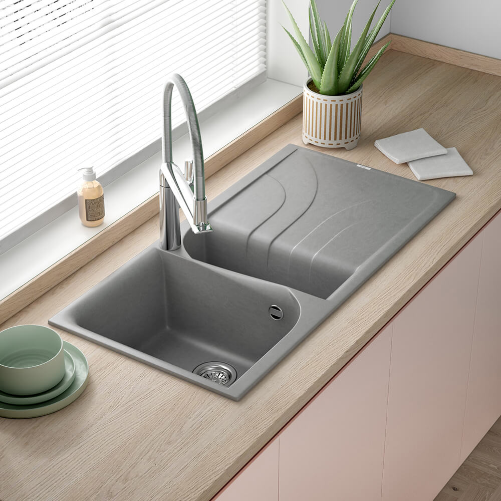 Reginox Ego Titanium Grey Granite Composite 1.5 Bowl Kitchen Sink & Vellamo FlexiSpray Mixer Tap