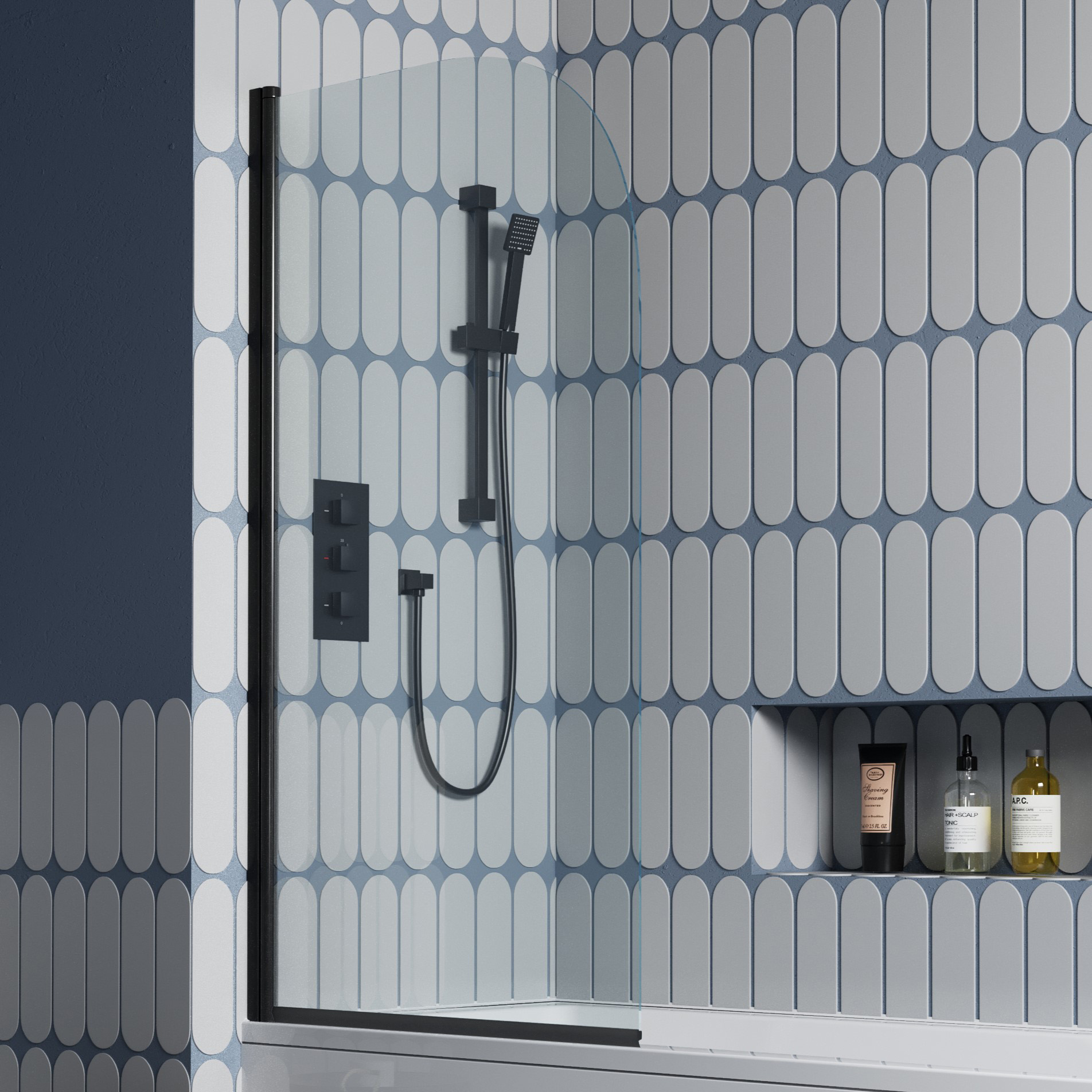 Vellamo City 6mm Matt Black Curved Corner Hinged Bath Screen - 1430 x 770mm