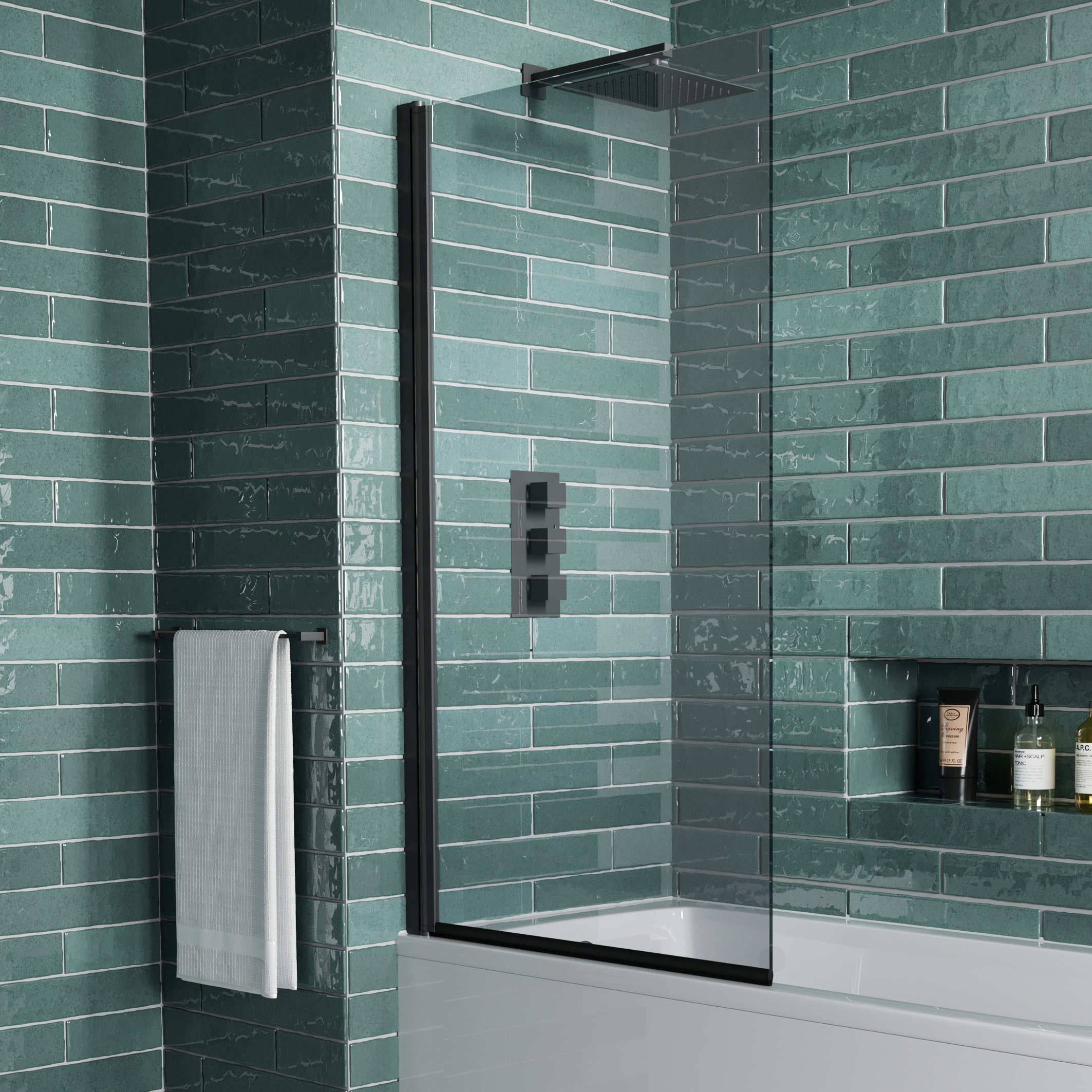Vellamo City Matt Black 6mm Smoked Black Glass Hinged Bath Screen - 1400 x 800mm