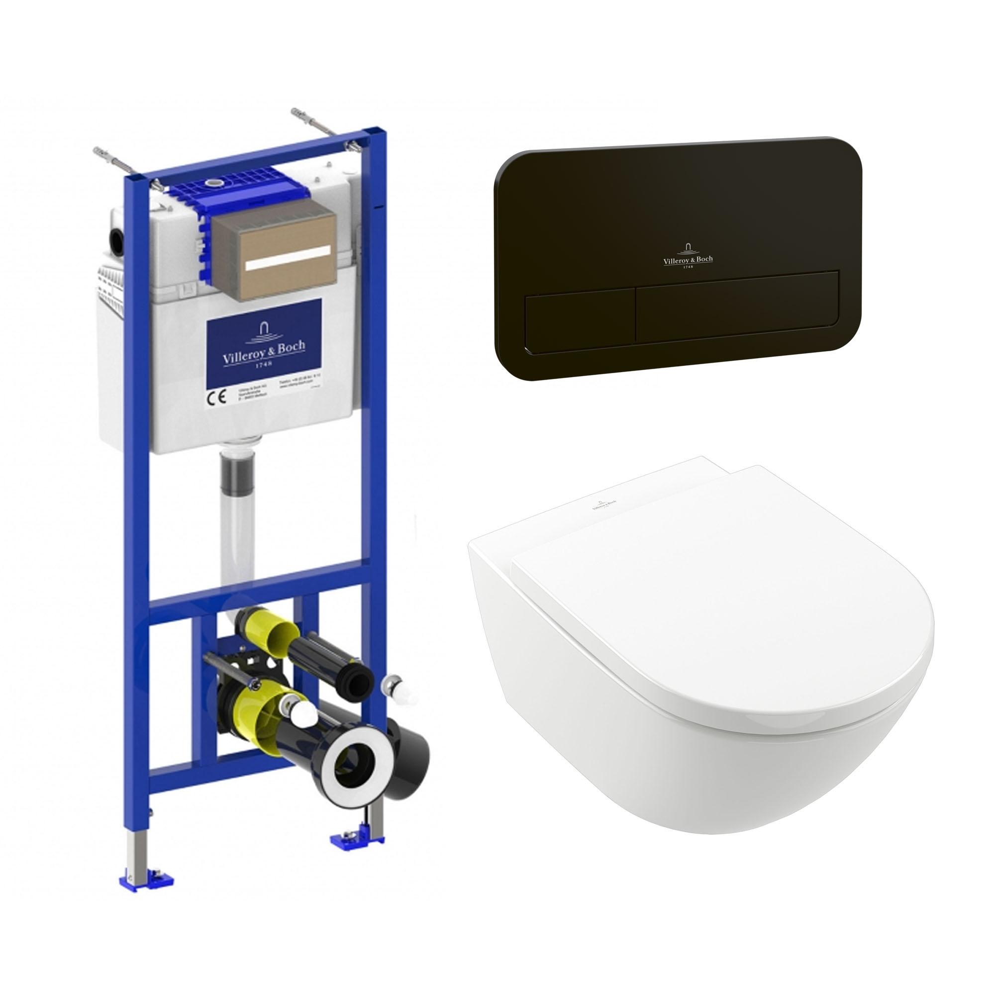 Villeroy & Boch ViConnect Pro 2.0 Frame with Subway 3.0 TwistFlush Rimless Wall Mounted Toilet, Flush Plate & Soft Close Toilet Seat