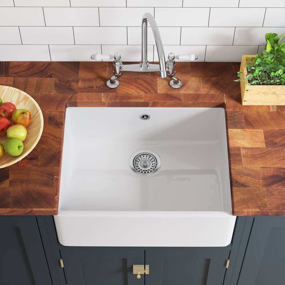 Butler & Rose Ceramic Fireclay Belfast / Butler Kitchen Sink with Waste - 595 x 450mm - PDP Mockup!!!