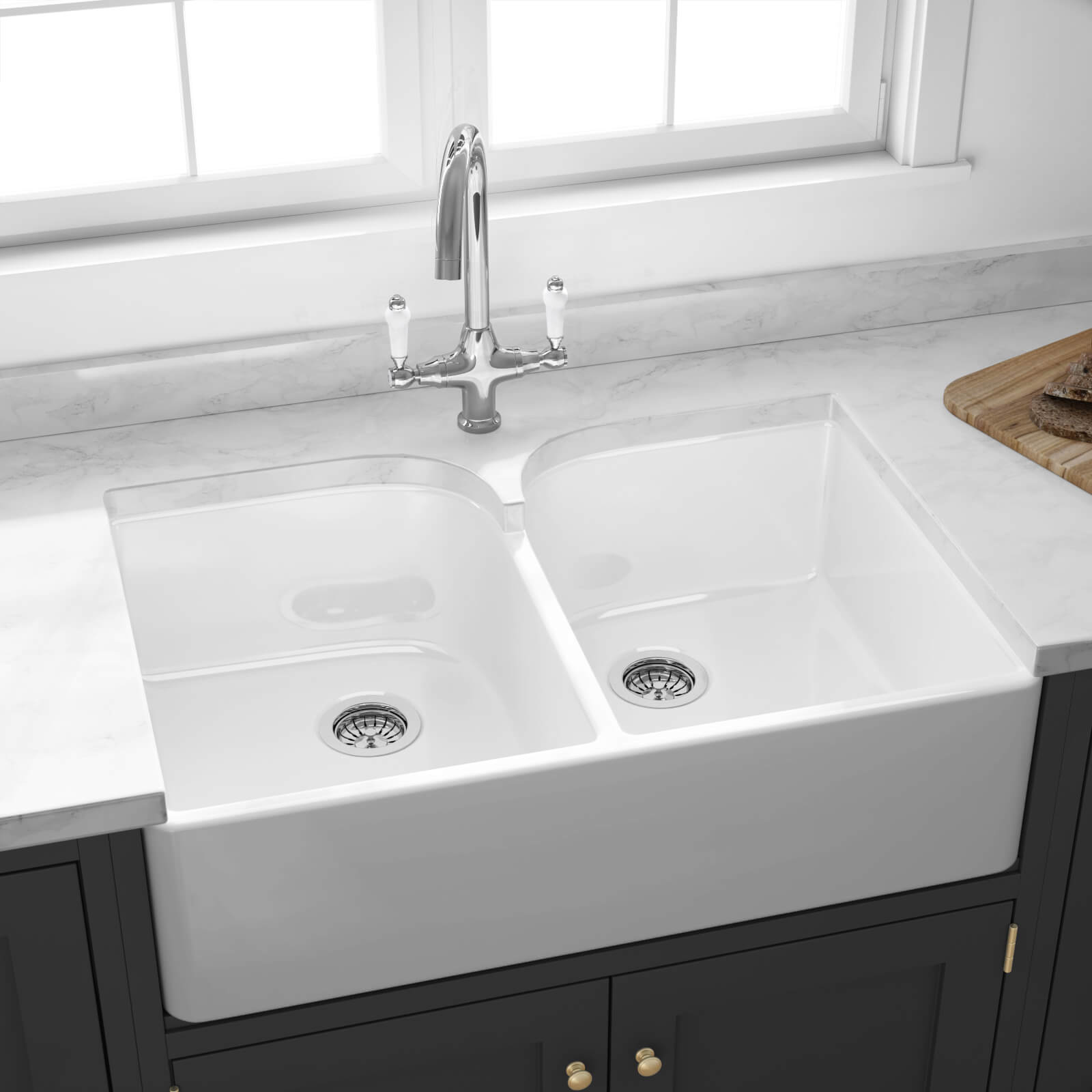 Butler & Rose Fireclay Ceramic White Double Belfast Kitchen Sink, Tap & Waste