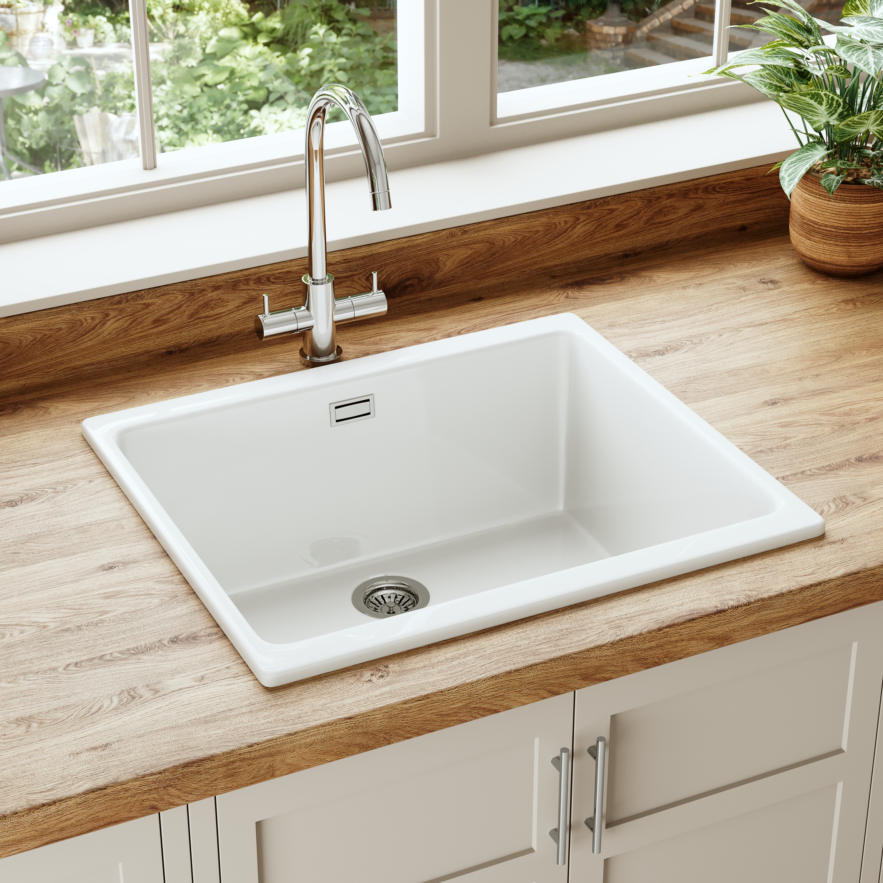 Butler & Rose Bryn Large 1 Bowl White Fine Fireclay Ceramic Inset/Undermount Kitchen Sink - 526mm x 460mm