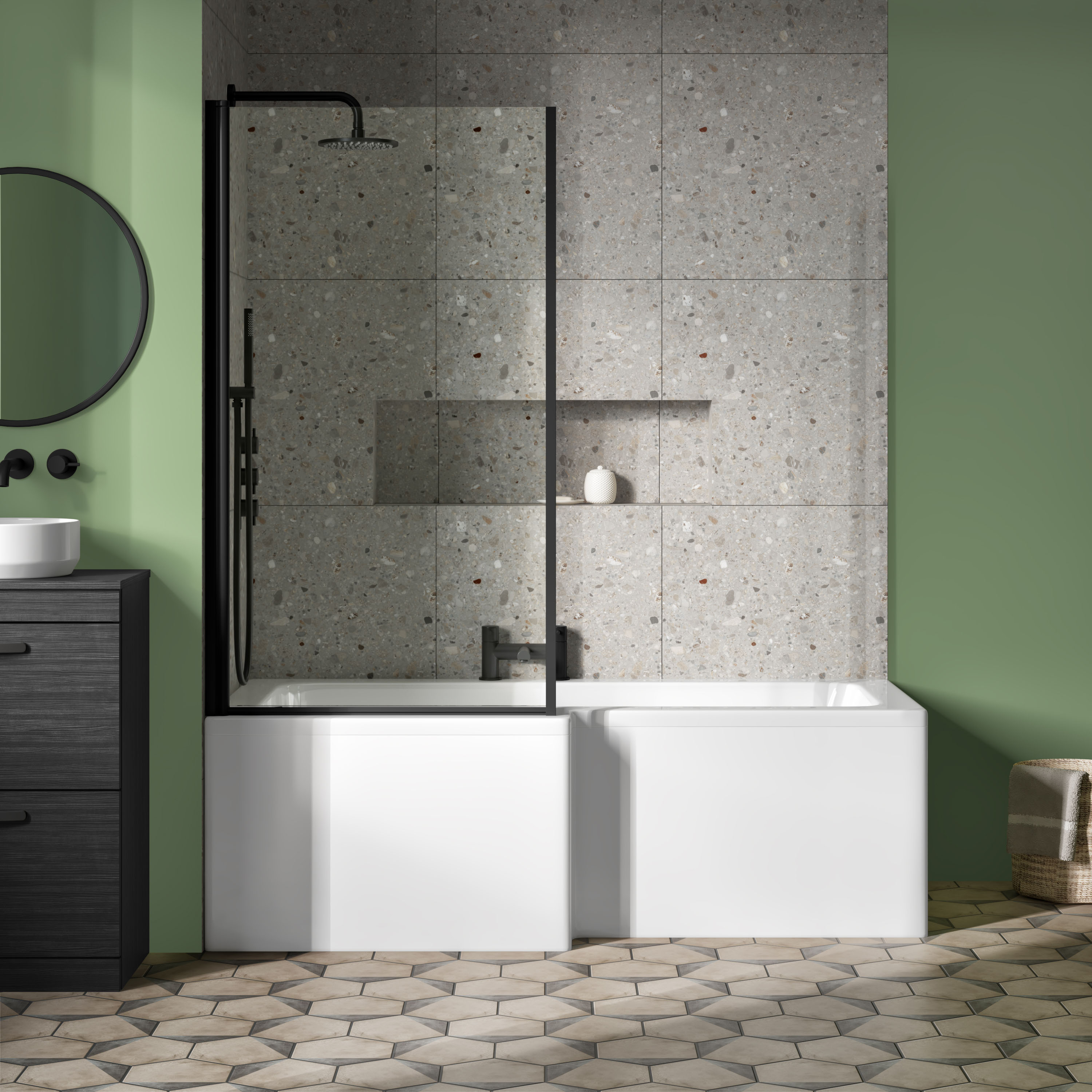 Vellamo City 6mm Matt Black Square Corner Hinged Bath Screen With Fixed Return - 1430 x 780mm