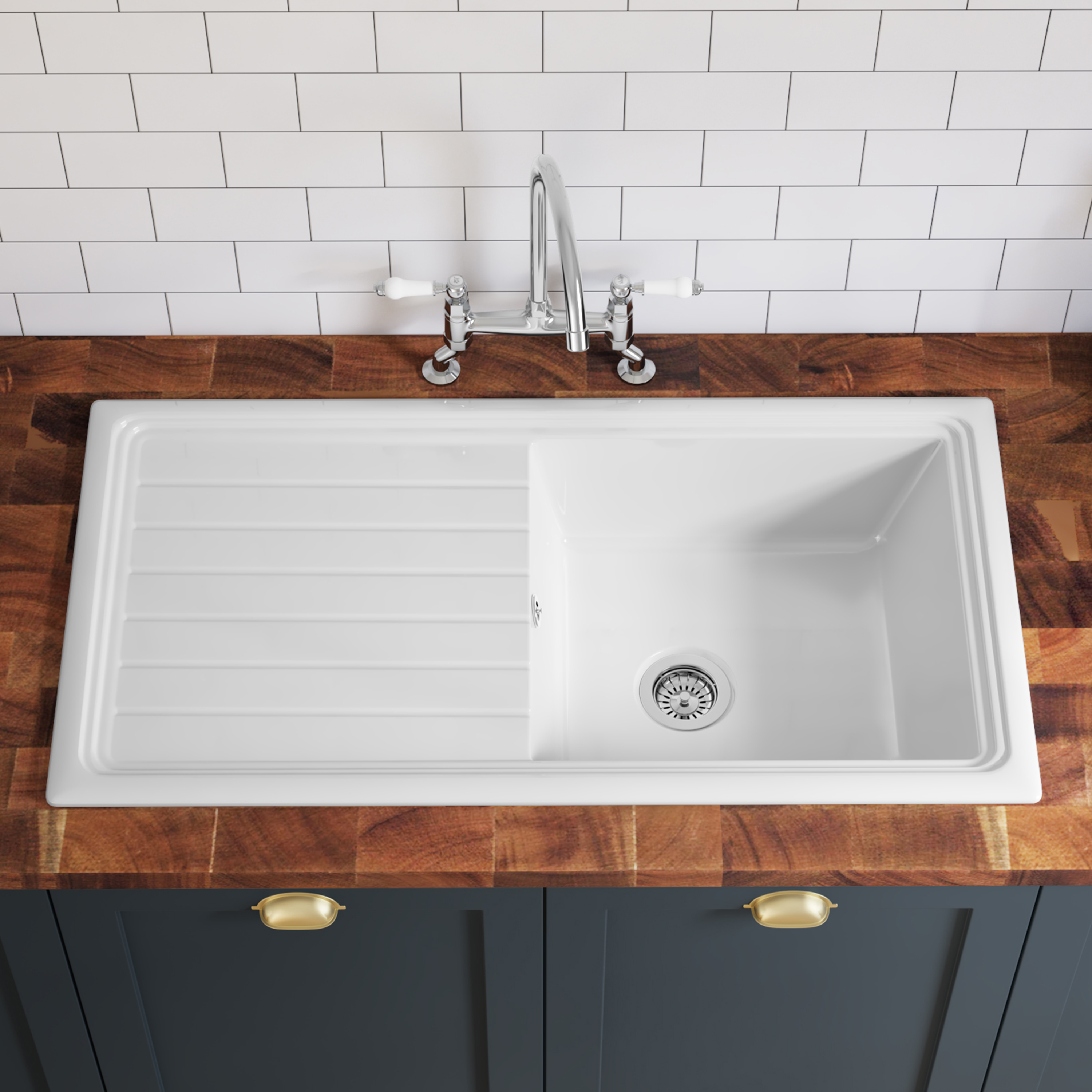 Butler & Rose 1 Bowl White Ceramic Kitchen Sink & Waste Kit with Reversible Drainer - 1010 x 525mm
