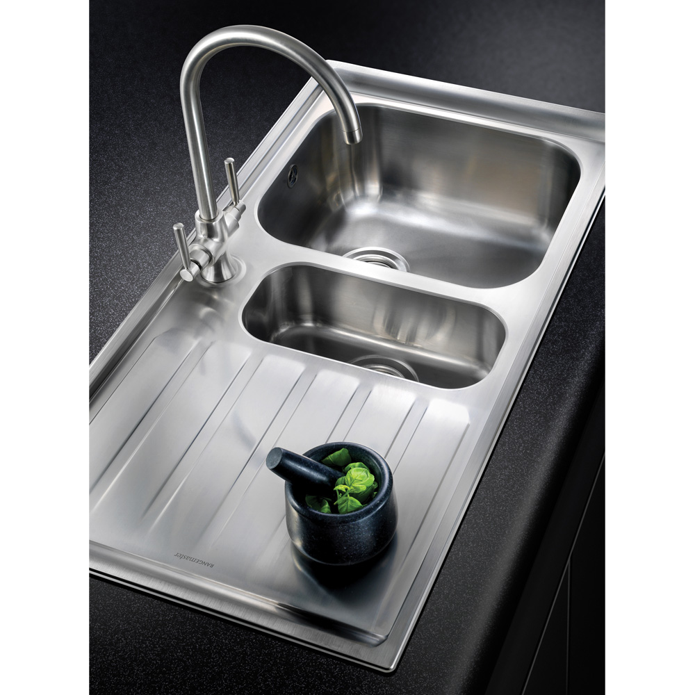 Rangemaster Manhattan 1.5 Bowl Brushed Stainless Steel Sink & Waste Kit with Left Hand Drainer - 1010 x 515mm