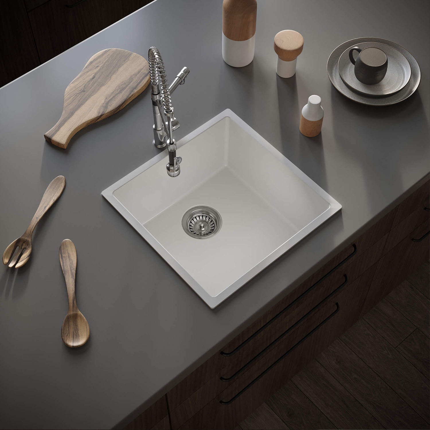 Vellamo Ceramic-Style Gloss White Composite Inset / Undermount 1 Bowl Kitchen Sink & Waste - 440 x 440mm