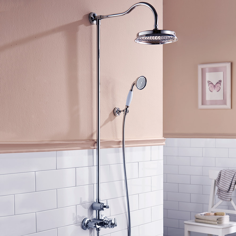 Flova Liberty Exposed Thermostatic Shower Column with Overhead Rainshower & Handset Kit - Chrome