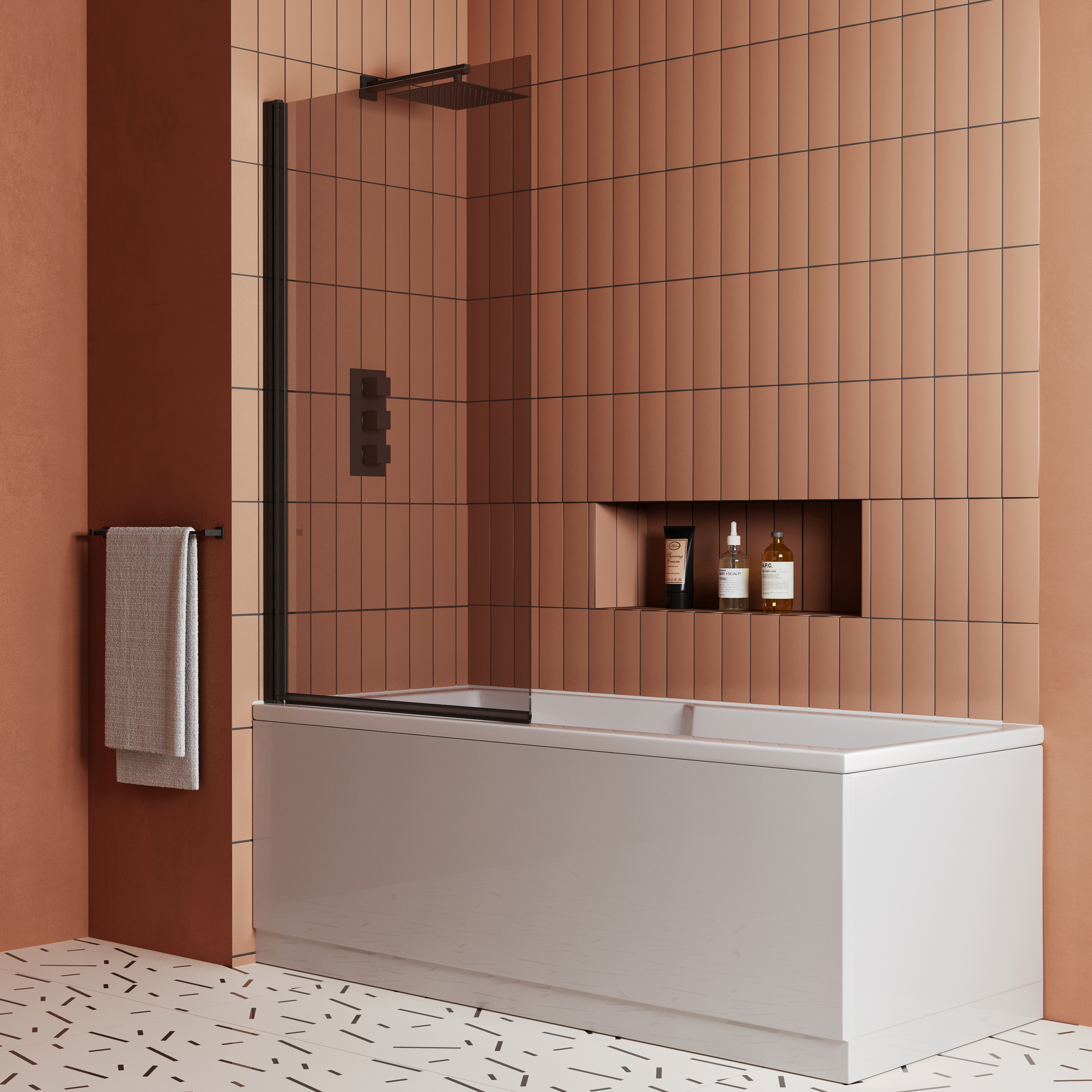 Vellamo City Matt Black 6mm Smoked Black Glass Hinged Bath Screen - 1400 x 800mm