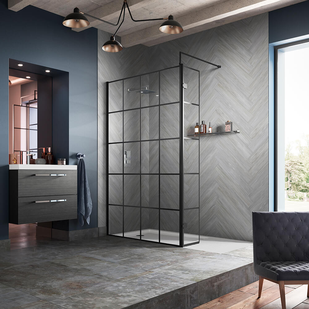 Vellamo City 8mm Framed Matt Black Easy Clean Walk In Panel & Optional Return Screen