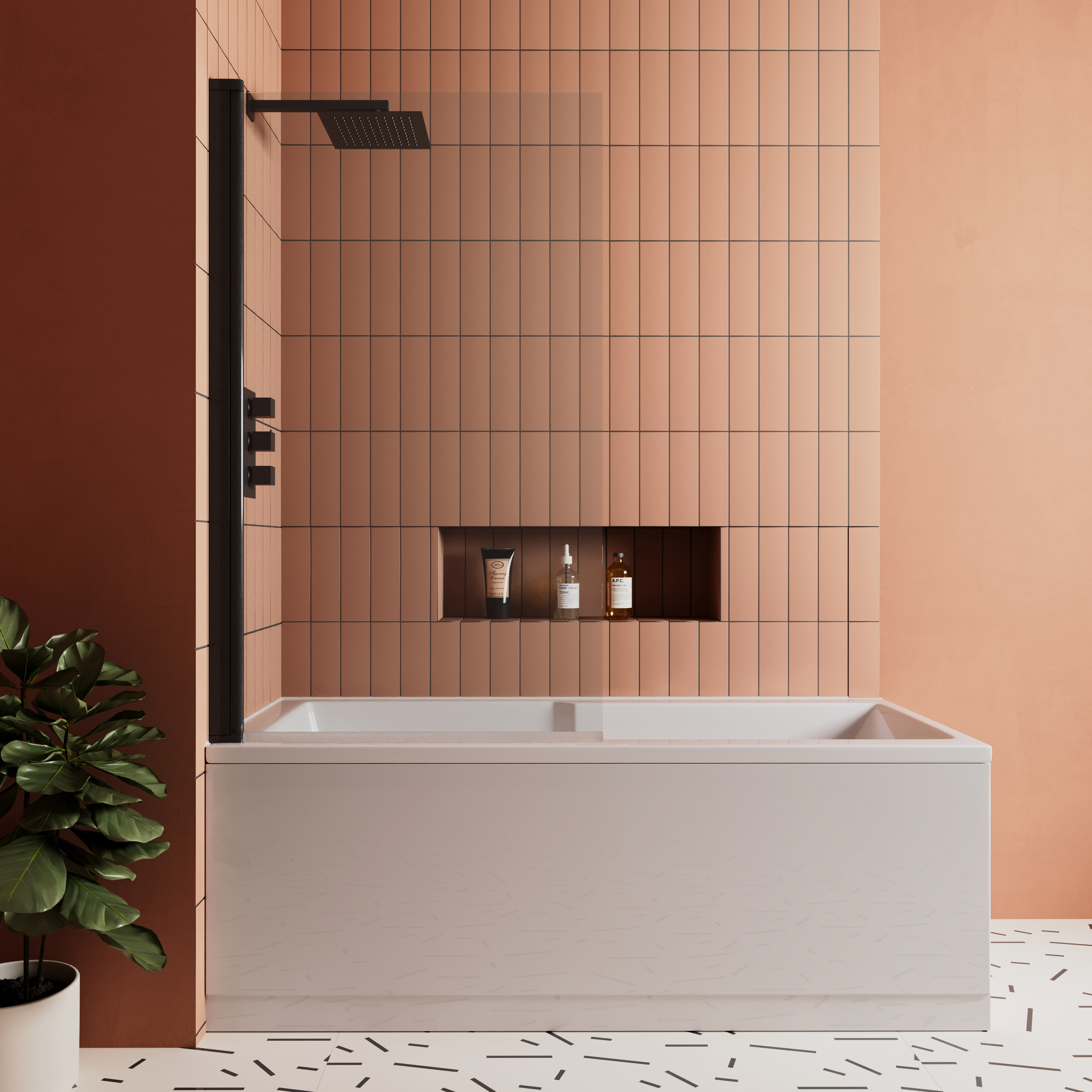 Vellamo City 6mm Matt Black Square Corner Hinged Bath Screen - 1430 x 770mm