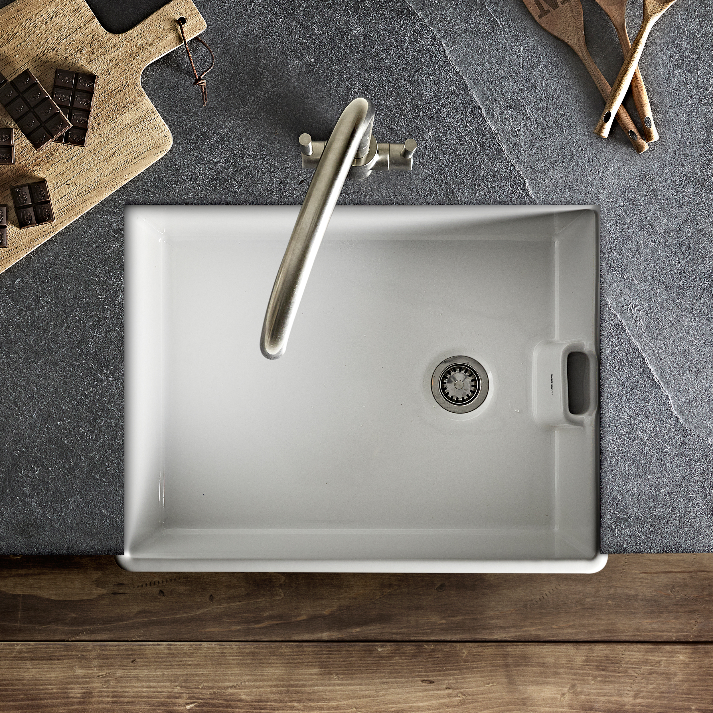 Rangemaster Grange Belfast 1 Bowl Gloss White Fireclay Ceramic Kitchen Sink & Waste - 595 x 455mm