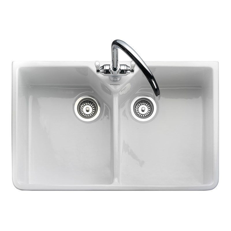 Rangemaster Double Belfast 2 Bowl White Fire Clay Ceramic Sink - 800 x 500mm