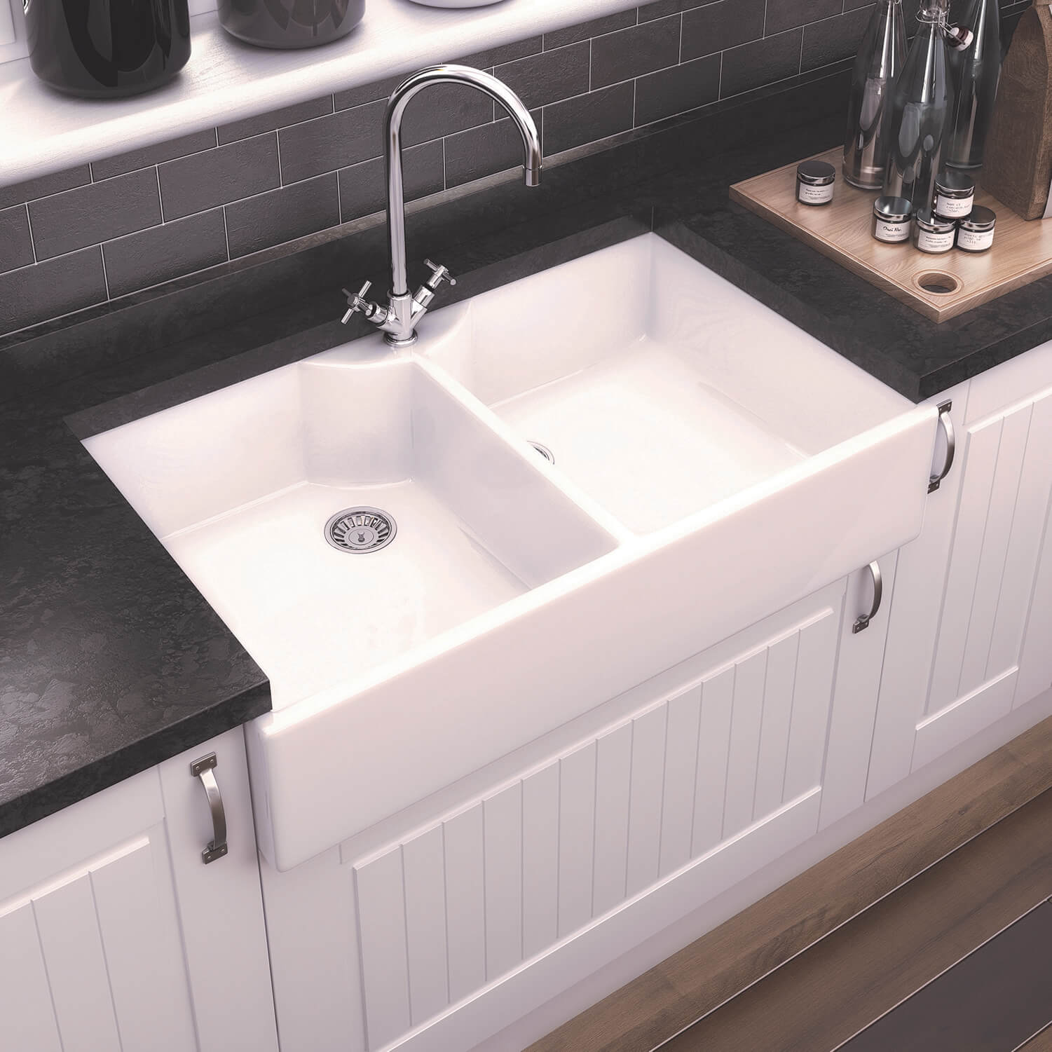 Thomas Denby Heritage Double Belfast Large 2 Bowl White Ceramic Kitchen Sink - 895 x 550mm