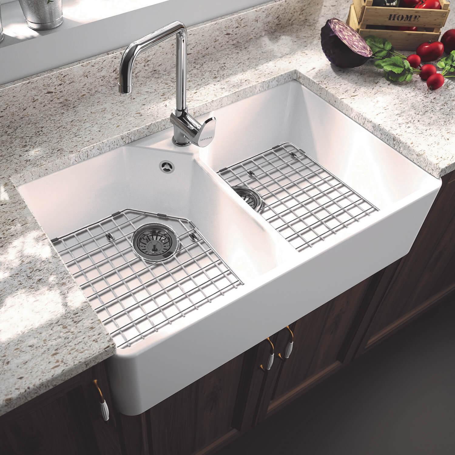 Thomas Denby Vintage Belfast 2 Bowl Gloss White Ceramic Kitchen Sink - 794 x 490mm