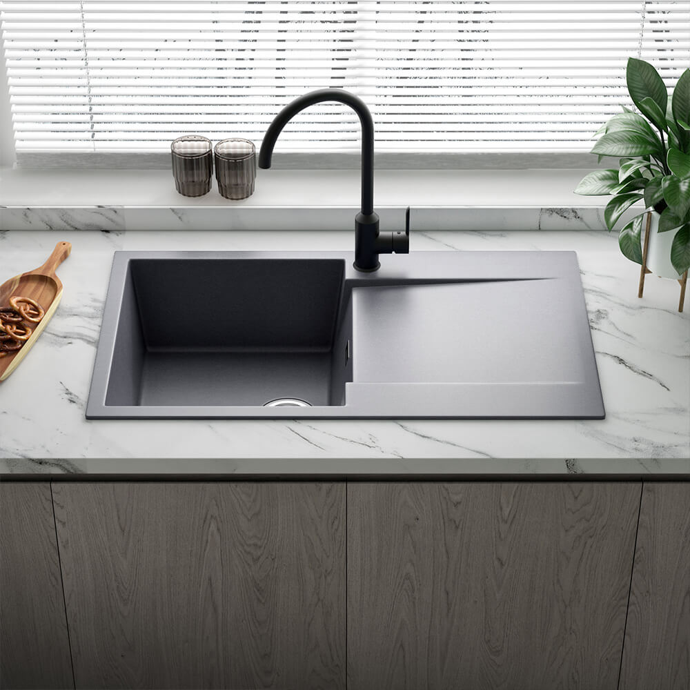Reginox Amsterdam Compact Single Bowl Granite Composite Kitchen sink & Waste Kit with Reversible Drainer - 860 x 500mm