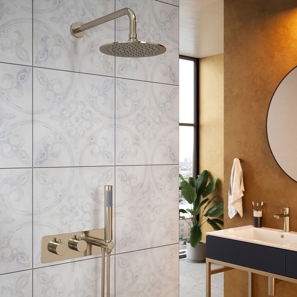 The Tap Factory Vibrance Brushed Nickel WRAS Approved Concealed Thermostatic Shower Valve with Fixed Shower Head and Shower Handset