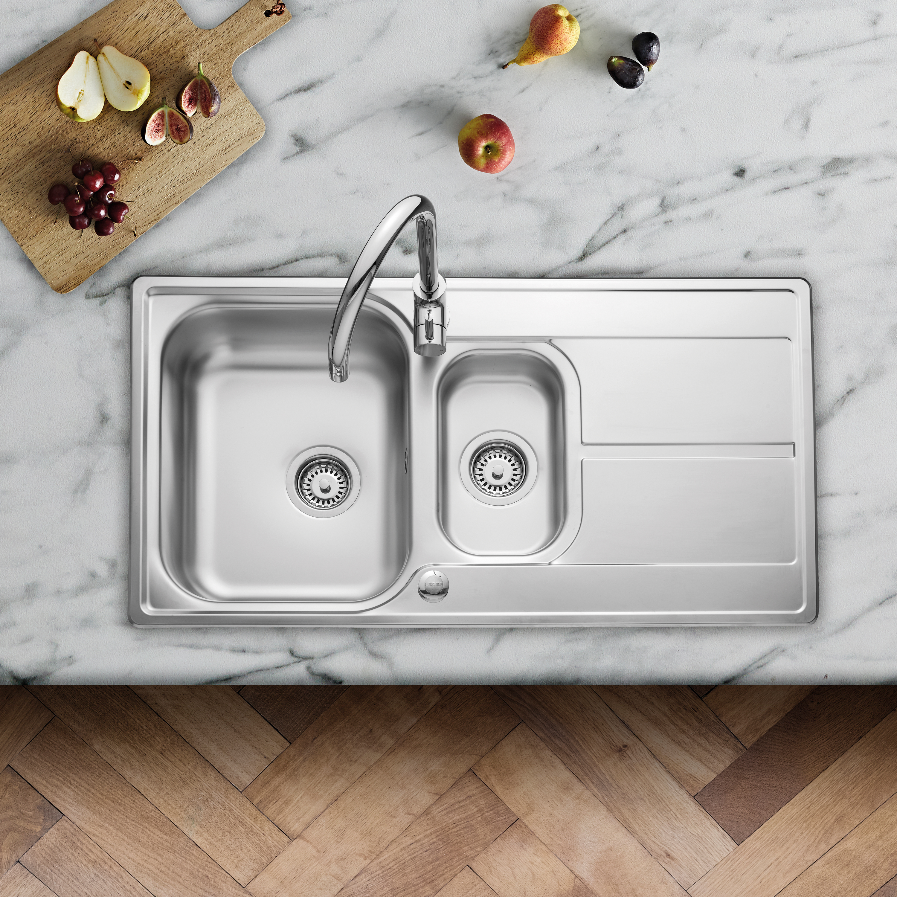Leisure Aria 1.5 Bowl Satin Stainless Steel Kitchen Sink with Reversible Drainer - 950 x 508mm