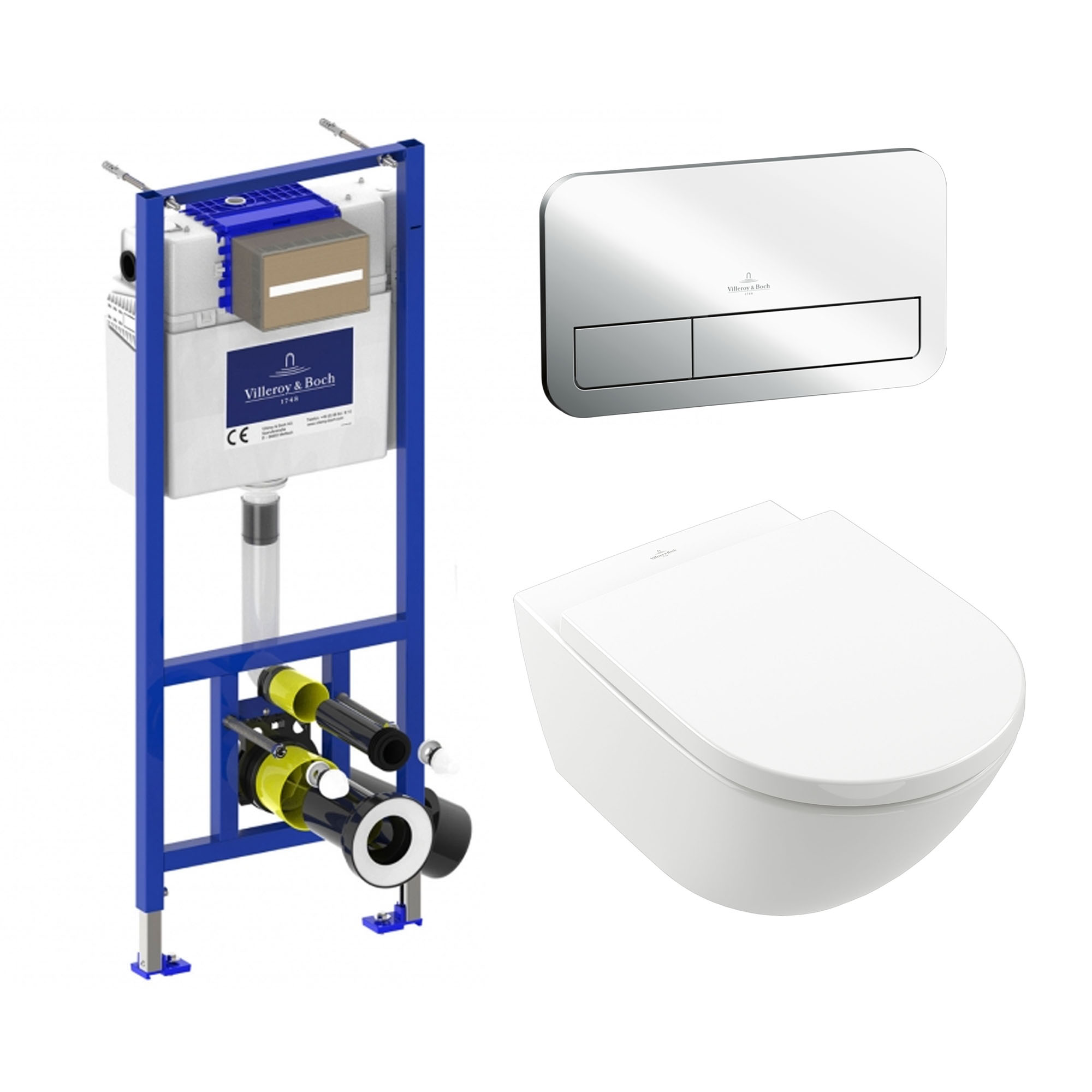 Villeroy & Boch ViConnect Pro 2.0 Frame with Subway 3.0 TwistFlush Rimless Wall Mounted Toilet, Flush Plate & Soft Close Toilet Seat