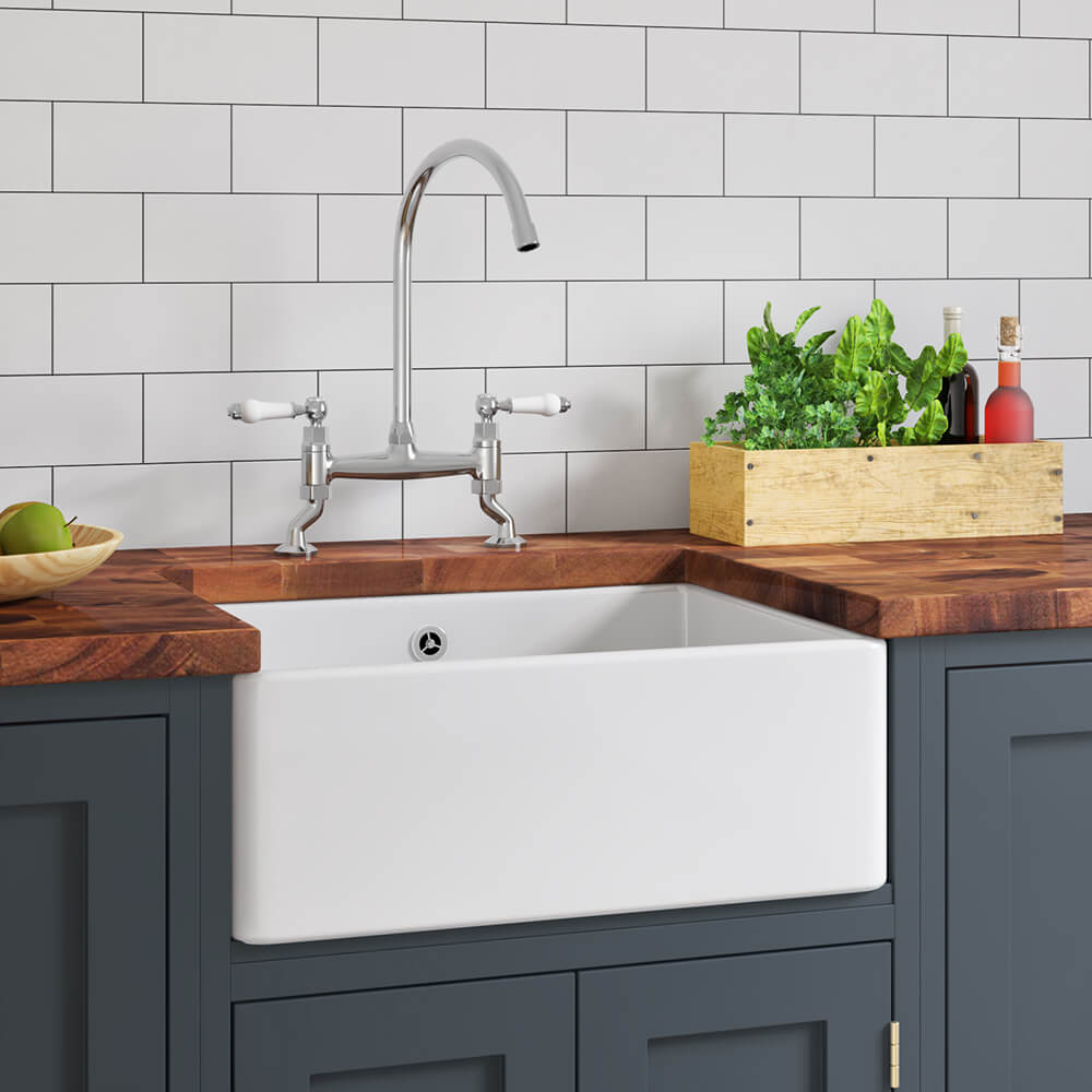 Butler & Rose Ceramic Fireclay Belfast / Butler Kitchen Sink with Waste - 595 x 450mm - PDP Mockup!!!