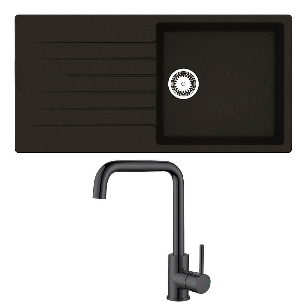Reginox Harlem 1 Bowl Black Silvery Granite Composite Sink & Waste Kit and Vellamo Koro Black Mono Kitchen Mixer