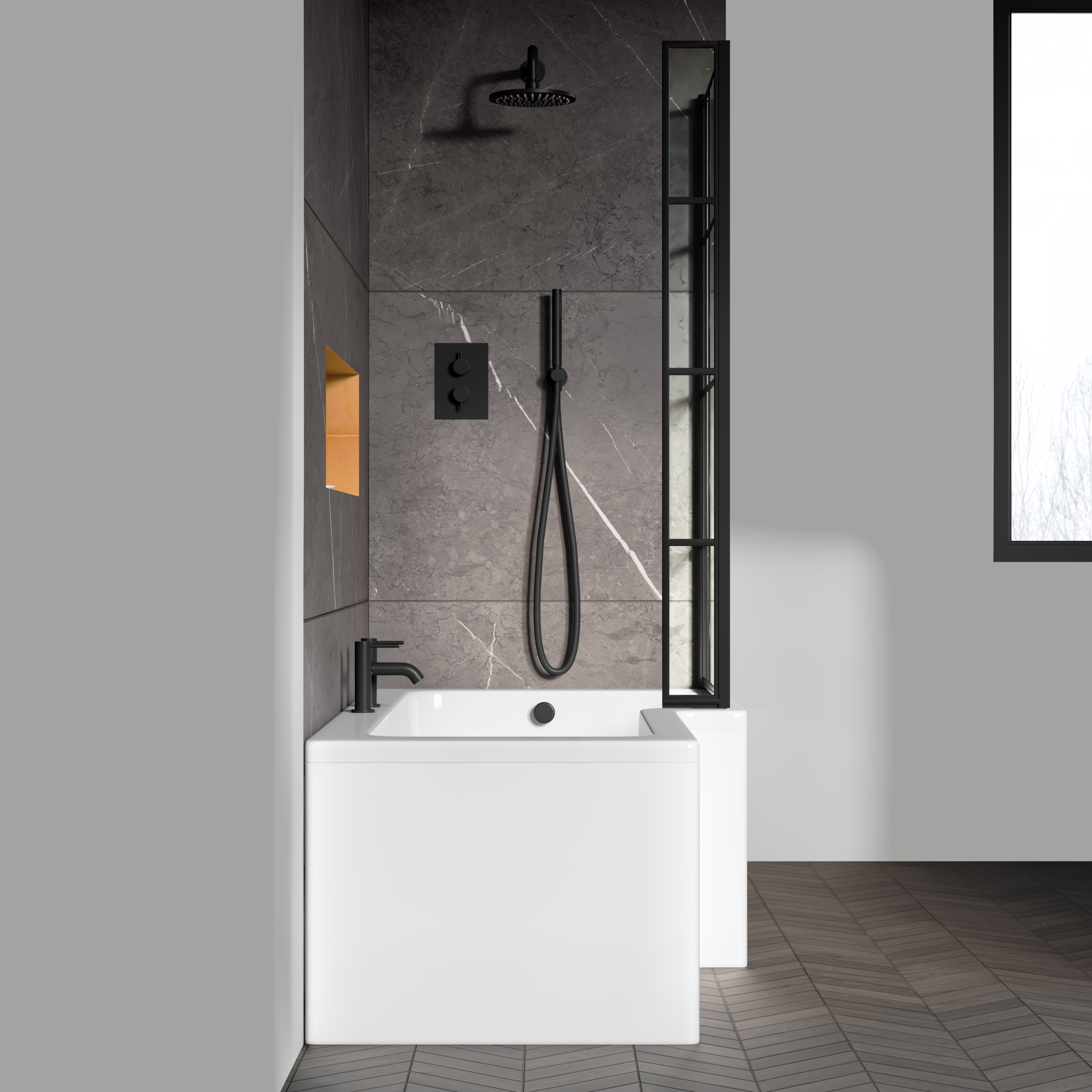 Vellamo City 6mm Matt Black Framed Hinged Bath Screen With Fixed Return - 1430 x 780mm