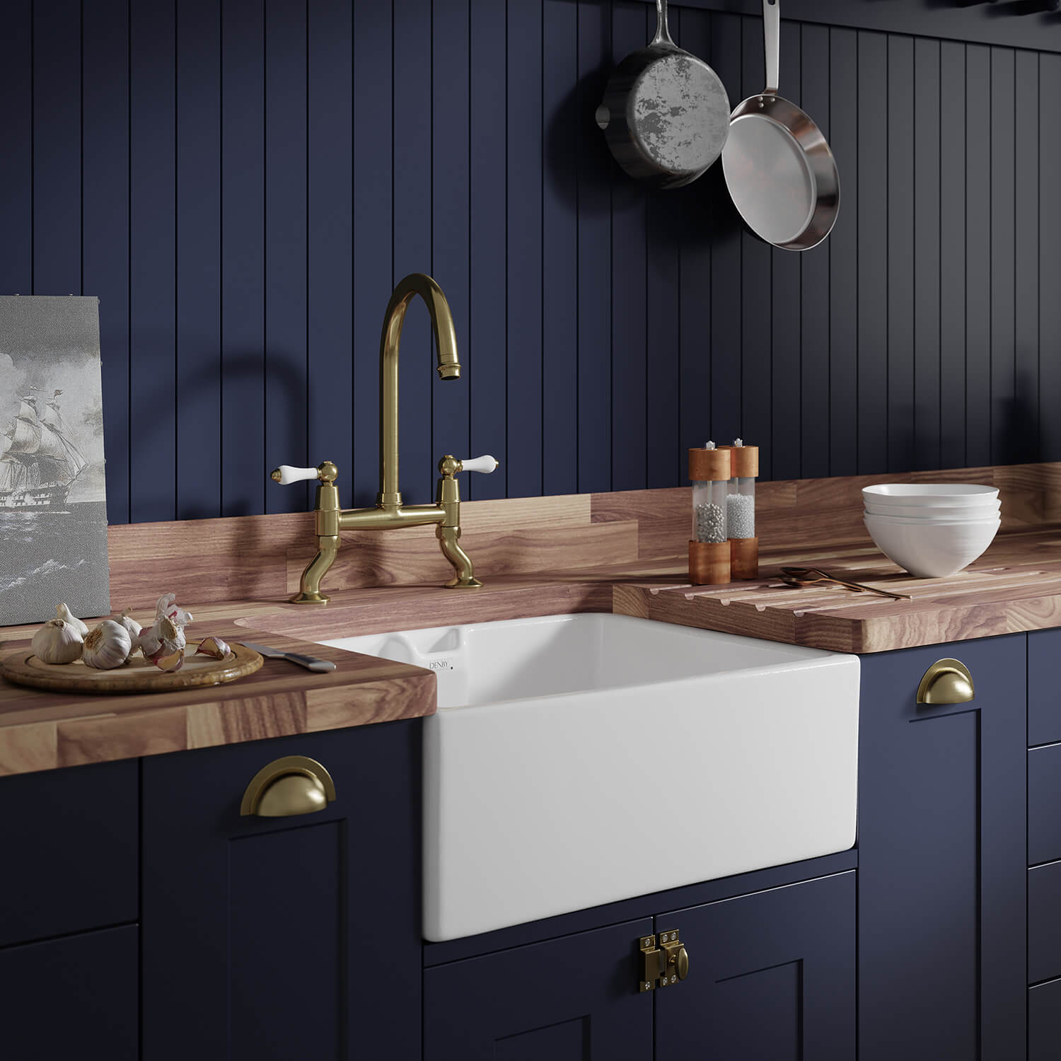 Thomas Denby Norfolk Belfast 1 Bowl Gloss White Ceramic Kitchen Sink - 595 x 460mm