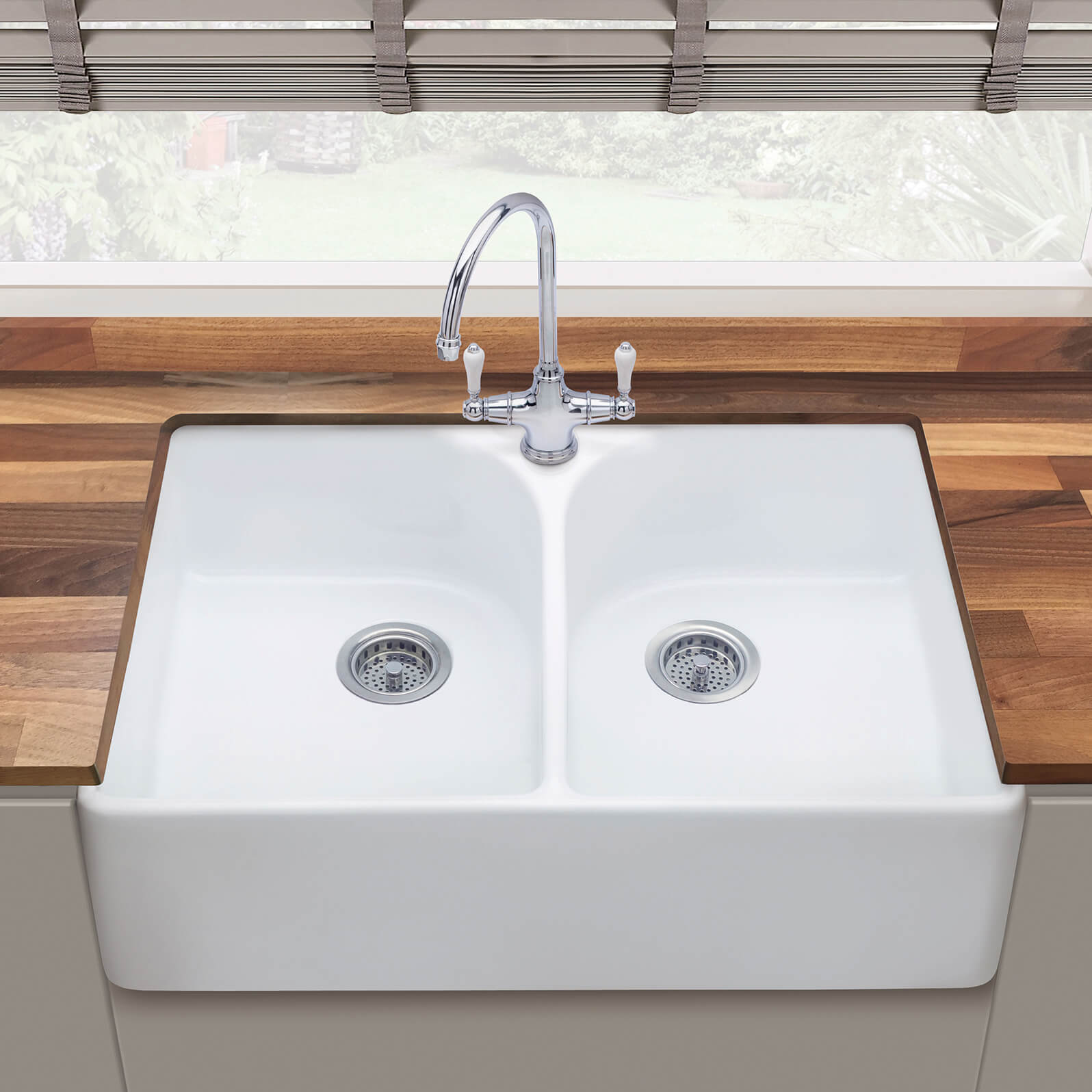 Thomas Denby Heritage Double Belfast Large 2 Bowl White Ceramic Kitchen Sink - 795 x 500mm